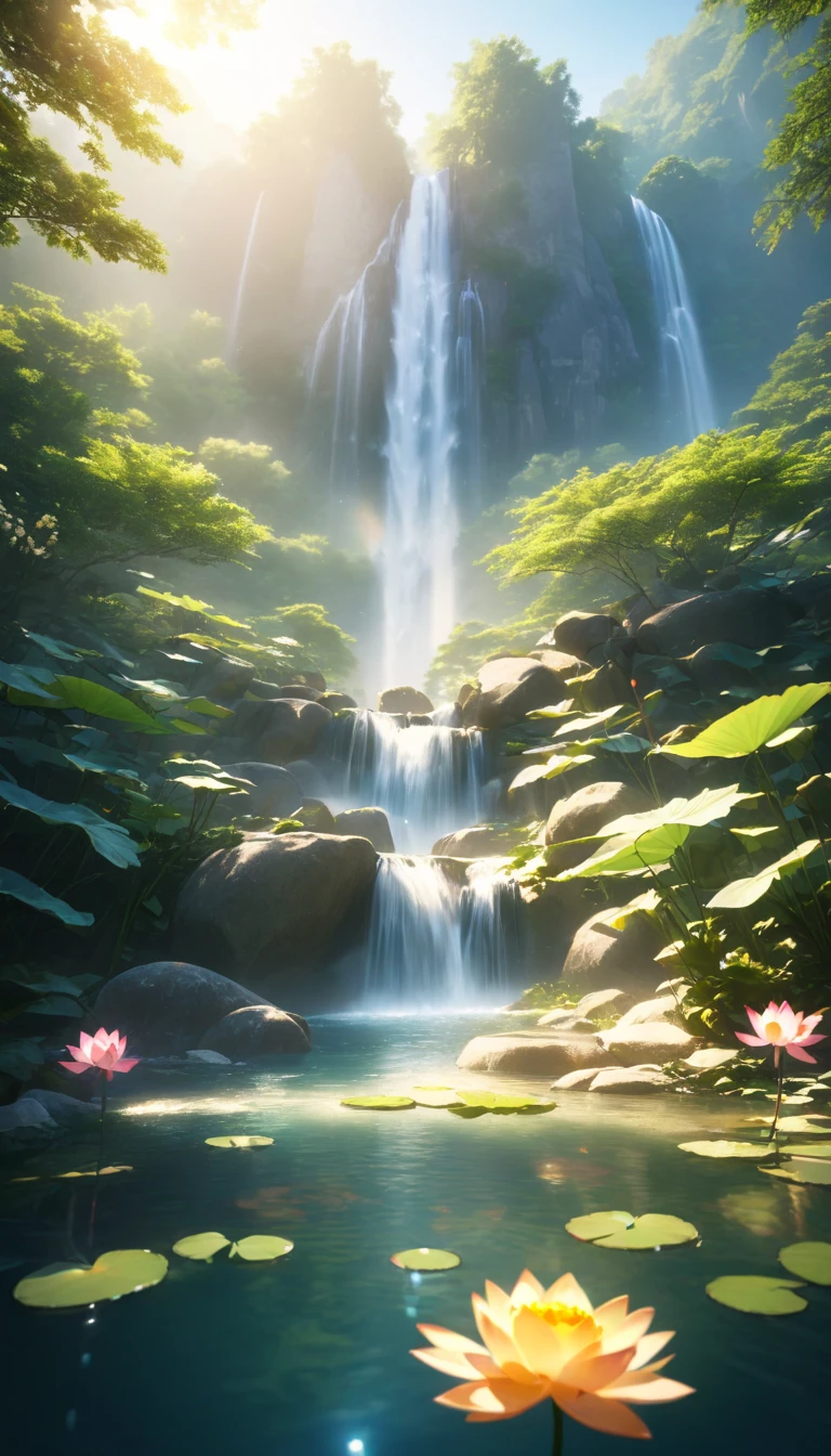 Close-up waterfall.Utopia&#39;s modern architecture and Zen-like landscaping.Lotus blooming in the pond, The magnificent Feiquan Waterfall pours down，Crystal clear pond,rock.Landscaping soft sunlight shines through the dome, Create a comfortable atmosphere, Ray tracing, Vignetting, Wide-angle lens, super wide angle, best qualitycinematic lighting, depth of field, outside border, negative space, letterboxed zen aesthetic, Zen, Zen meditation, Soft Zen Simplicity,(best quality,4k,8k,high resolution,masterpiece:1.2),Super detailed,(actual,photoactual,photo-actual:1.37),anatomically correct...