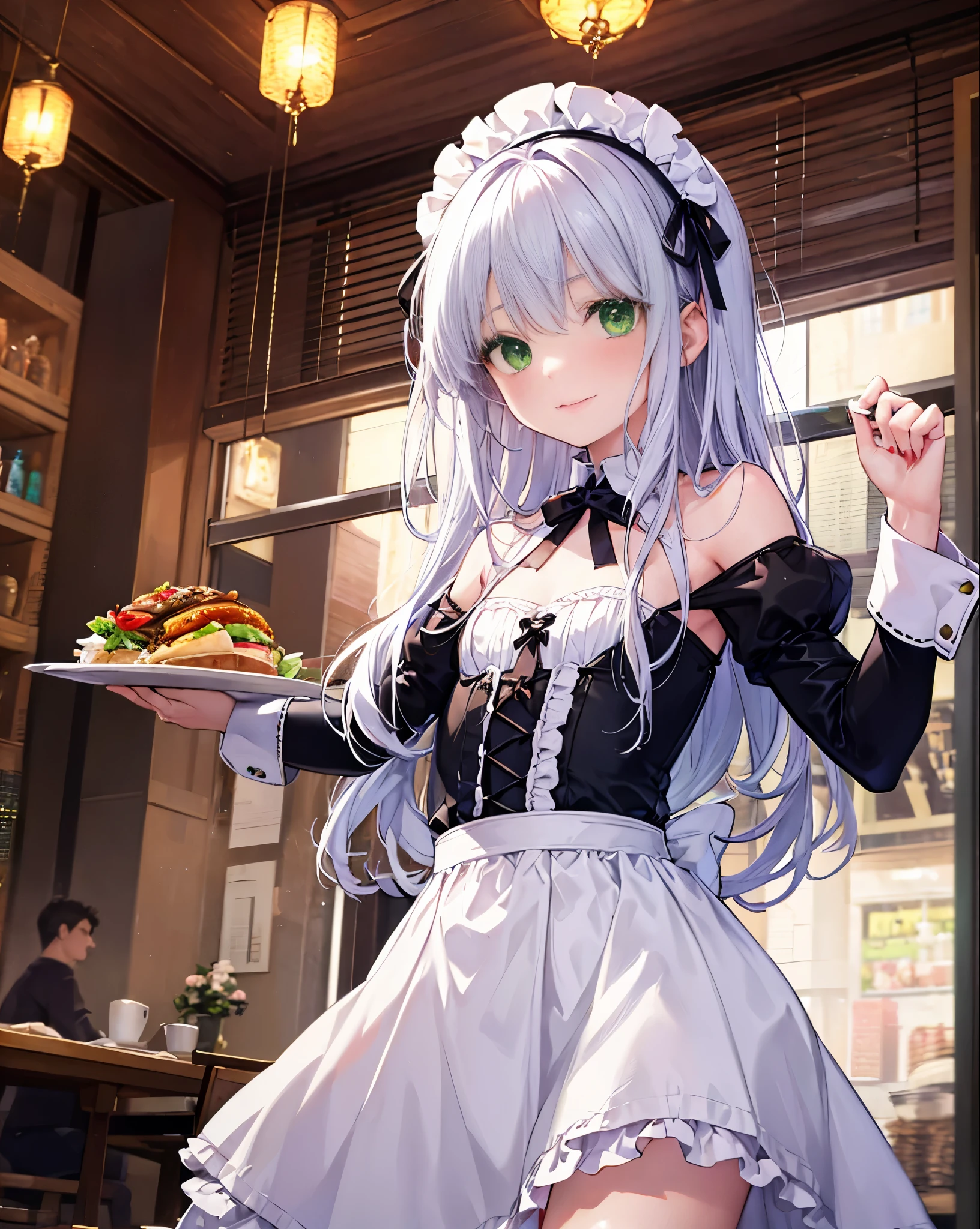 index, index, (green eyes:1.5), silver hair, long hair, (flat chest:1.2),smile,blush,bossy,she was wearing a maid long skirt, white stockings on her legs,put both hands on hips,Standing in honor,bare shoulders,looking up from below,There's a lot of food on the table, break looking at viewer, Upper body, whole body, break indoors, restaurant,viking, break (masterpiece:1.2), highest quality, High resolution, unity 8k wallpaper, (figure:0.8), (detailed and beautiful eyes:1.6), highly detailed face, perfect lighting, Very detailed CG, (perfect hands, perfect anatomy),