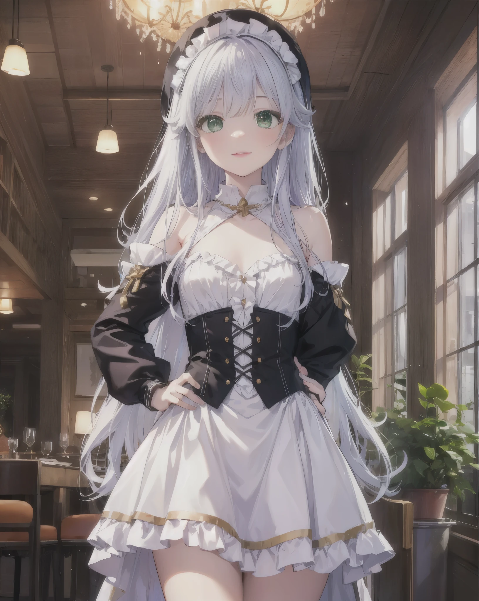 index, index, (green eyes:1.5), silver hair, long hair, (flat chest:1.2),smile,blush,bossy,she was wearing a maid long skirt, white stockings on her legs,put both hands on hips,Standing in honor,bare shoulders,looking up from below,There's a lot of food on the table, break looking at viewer, Upper body, whole body, break indoors, restaurant,viking, break (masterpiece:1.2), highest quality, High resolution, unity 8k wallpaper, (figure:0.8), (detailed and beautiful eyes:1.6), highly detailed face, perfect lighting, Very detailed CG, (perfect hands, perfect anatomy),
