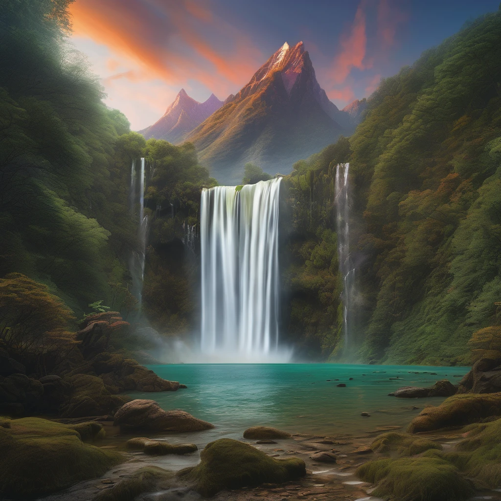 Waterfall, aesthetic, Waterfall and mountains, Epic cinematic brilliant stunning intricate meticulously detailed dramatic atmospheric maximalist digital matte painting, landscape