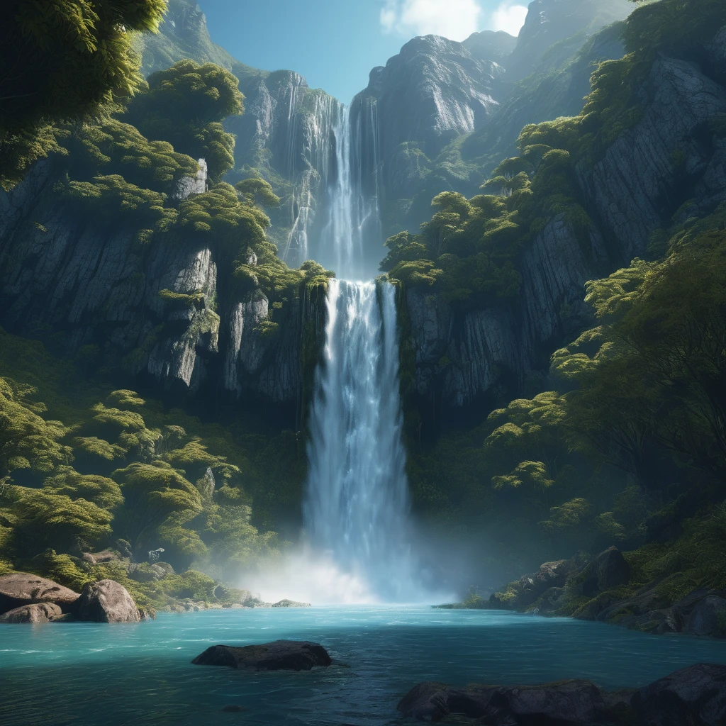 Waterfall, aesthetic, Waterfall and mountains, Epic cinematic brilliant stunning intricate meticulously detailed dramatic atmospheric maximalist digital matte painting, landscape
