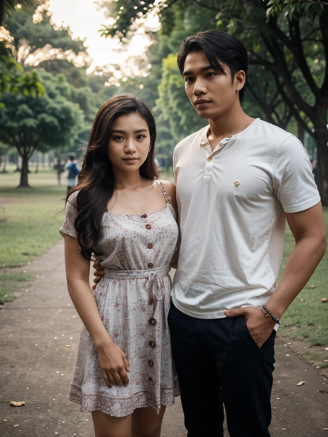 a handsome young Indonesian man with middle-parted hair. were standing together in a park with, a beautiful young Indonesian woman with long wavy hair. dress casual