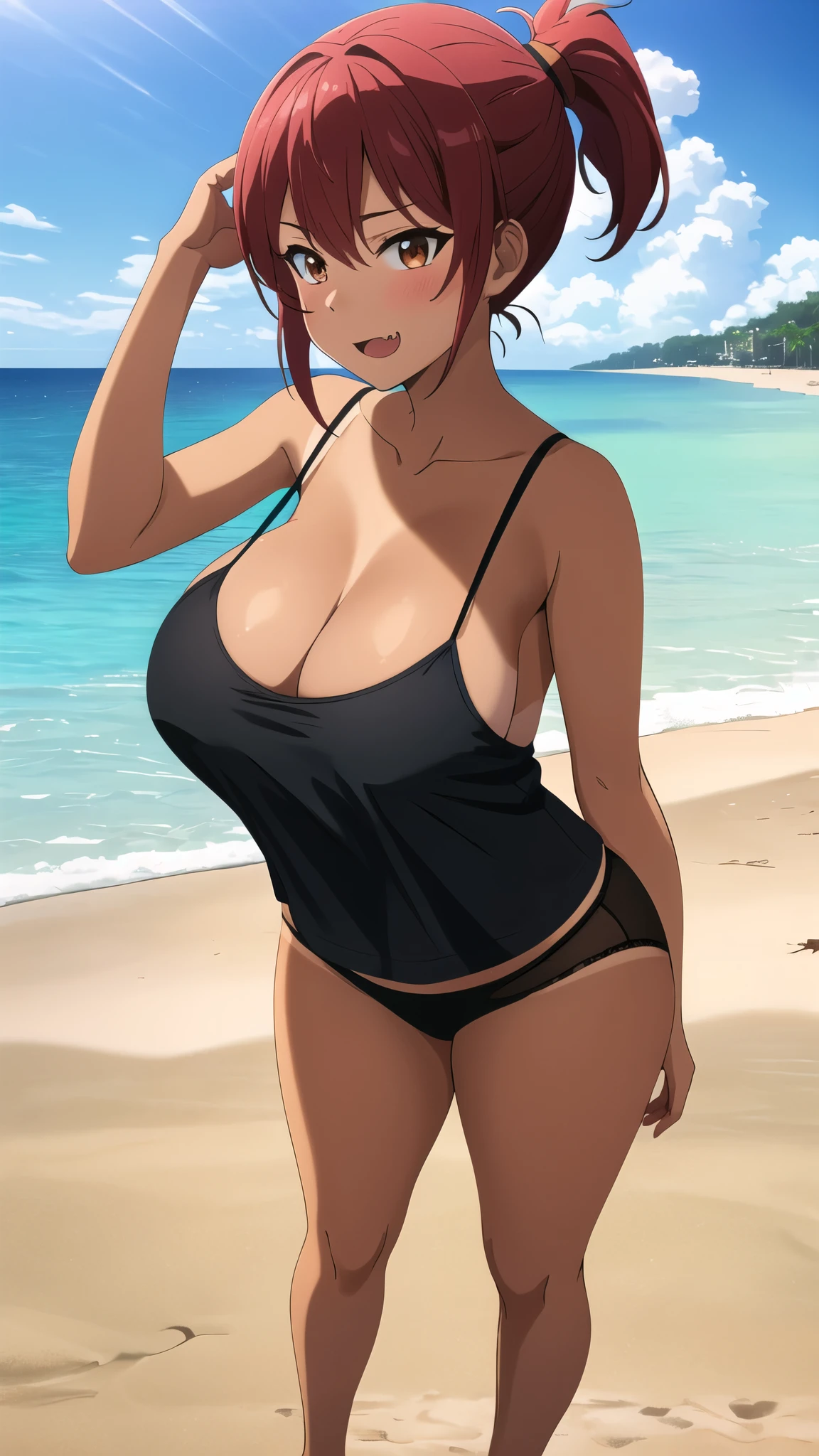 (best quality:1.5, highres, UHD, 4K, detailed lighting, shaders, HDR), red ponytail, fang, large breasts, black camisole, panties, tan, standing, beach background, close shot