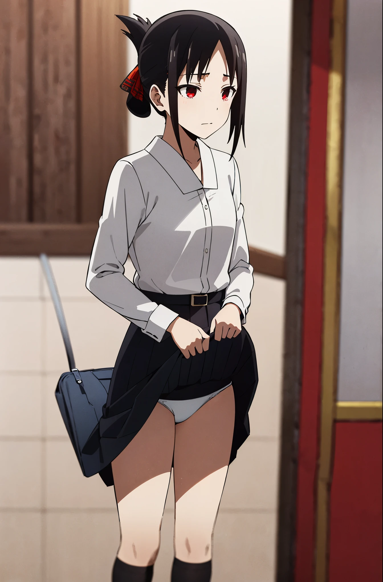 best quality, (masterpiece:1.2), detailed,
Shinomiya Kaguya,
1 girl, alone, Keep your mouth shut, faint smile,
black hair, red eyes, short hair, folded ponytail, Headband,
Uniforms, black skirt, long sleeves, red belt,
Permanently installed, looking at the audience,(Skirt lift:1.3), (thongs:1.1),White panties class