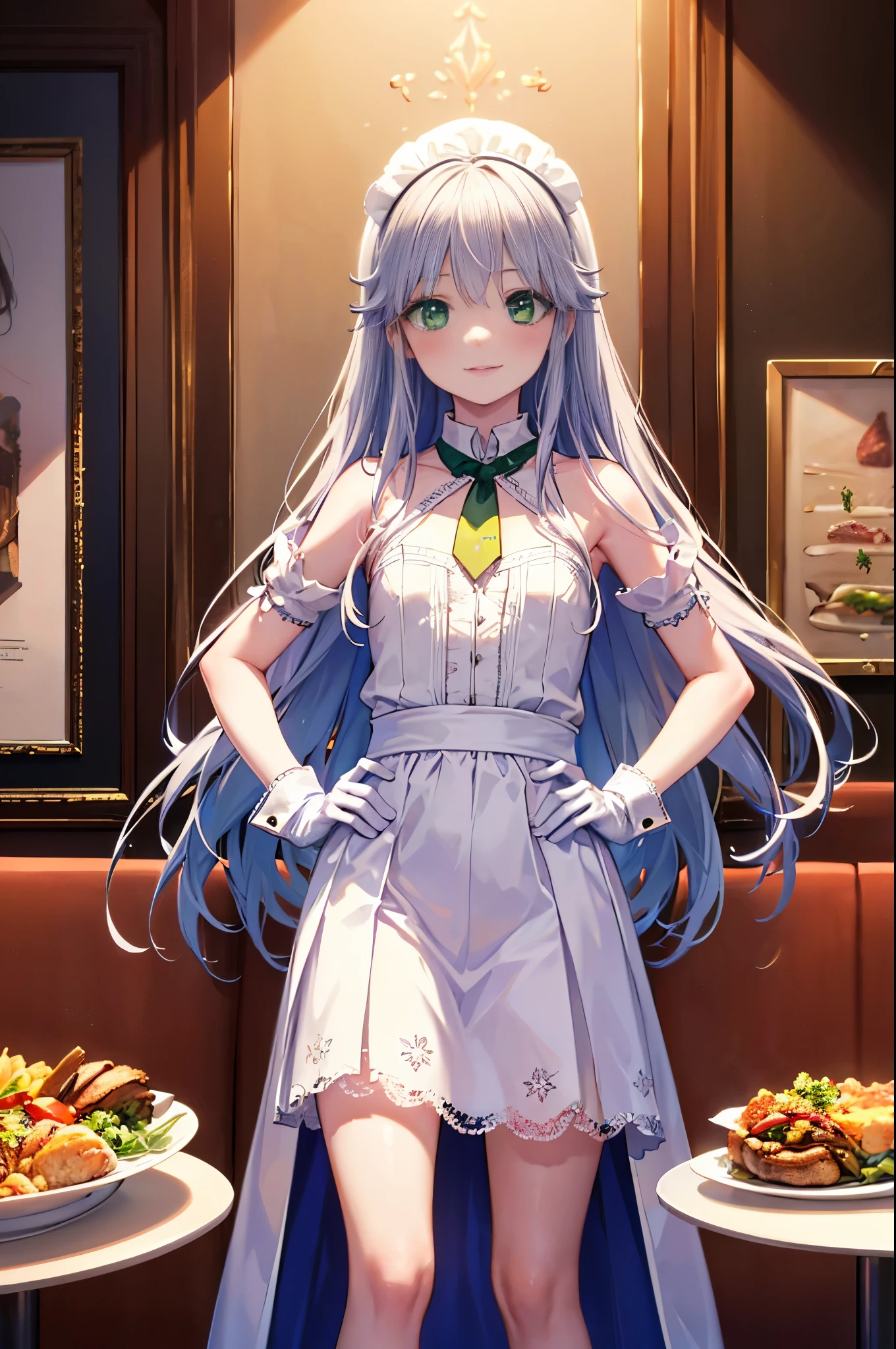 index, index, (green eyes:1.5), silver hair, long hair, (flat chest:1.2),smile,blush,bossy,she was wearing a maid long skirt, white stockings on her legs, and lace gloves,put both hands on hips,Standing in honor,bare shoulders,looking up from below,There's a lot of food on the table, break looking at viewer, Upper body, whole body, break indoors, restaurant,viking, break (masterpiece:1.2), highest quality, High resolution, unity 8k wallpaper, (figure:0.8), (detailed and beautiful eyes:1.6), highly detailed face, perfect lighting, Very detailed CG, (perfect hands, perfect anatomy),