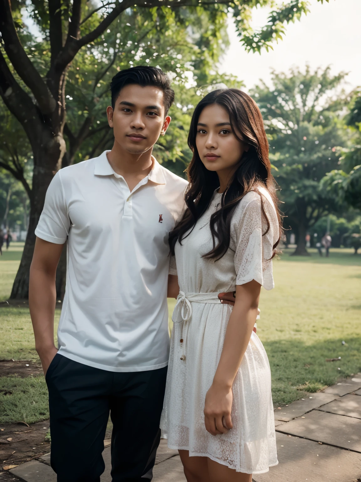 a handsome young Indonesian man with middle-parted hair. were standing together in a park with, a beautiful young Indonesian woman with long wavy hair. dress casual