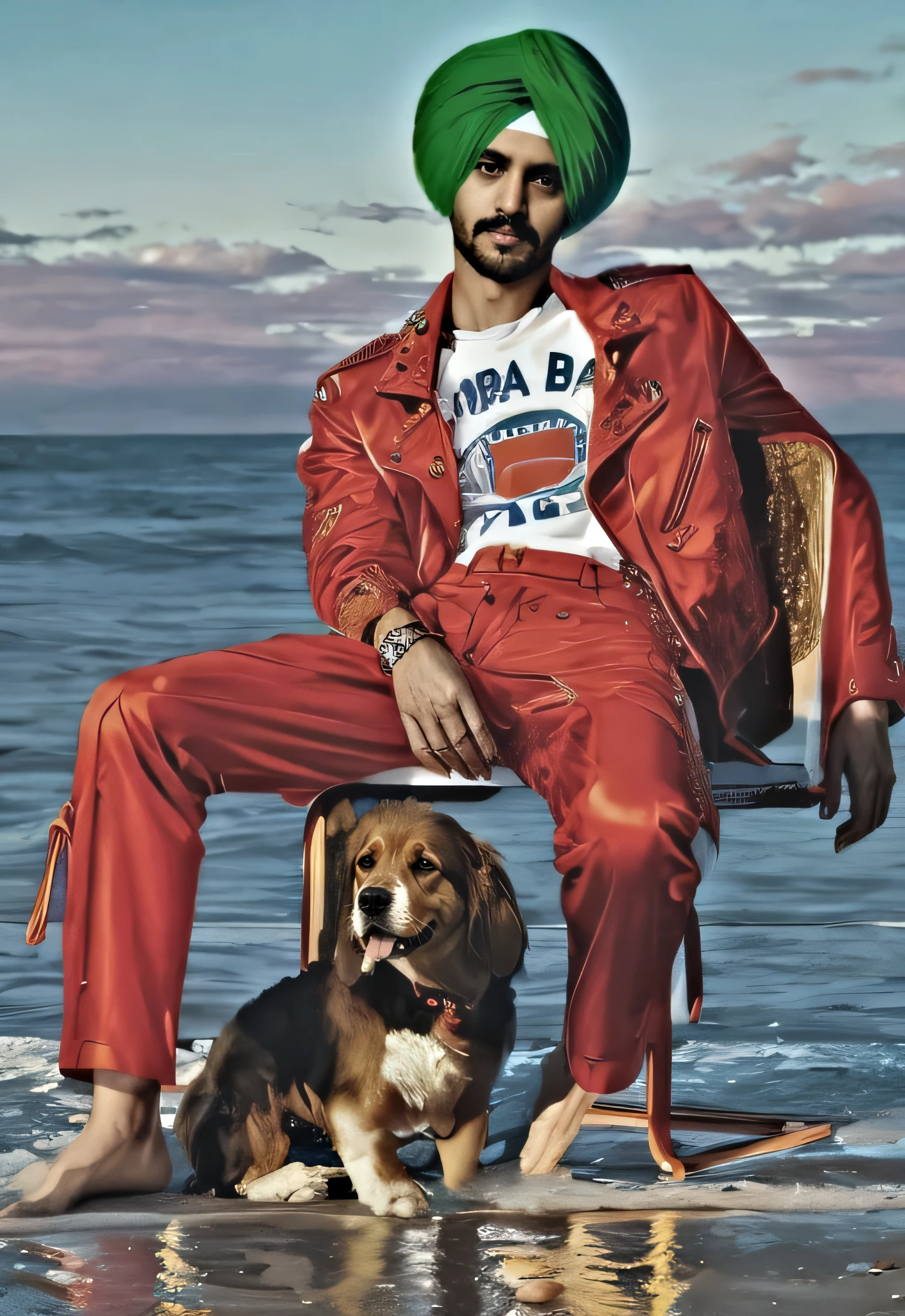 Mr. Singh is relaxing at the beach with his dog!