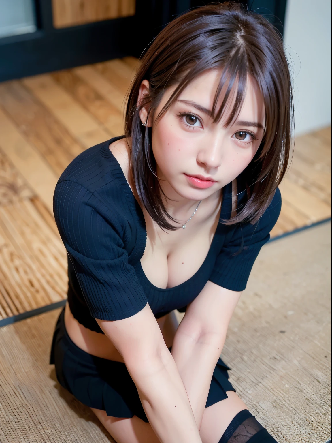 (8K, Photorealistic, Raw photo, of the highest quality: 1.3), (1girl in), Super beautiful, (Realistic face), (boyish, Silver Color Berry Shorthair), Beautiful , Glare that captivates the viewer, Beautiful expression, Beautiful breasts, (Realistic skin), Beautiful abs, skirt, panchira, over-the-knee socks,black loafers,full body shot