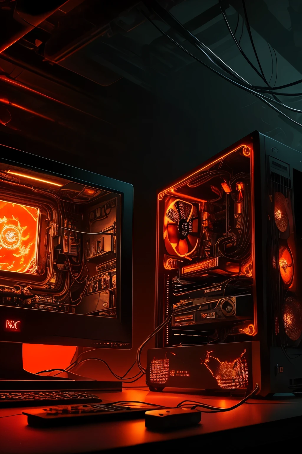 Intense close-up illustration, burning gaming PC in focus, red and orange hues dominating the scene, detailed circuitry and wires in sharp contrast, smoke curling up from the components, high-definition texture, realistic lighting effects, high contrast, hyper-realistic, computer graphics, digital art, 4k, concept art, impressionistic style, vector graphics, grungy textures, reflective surfaces, steampunk aesthetics, intricate details, smoky atmosphere.

[I] A burning gaming PC in the depths of the midnight woods, glowing embers casting eerie shadows on the surrounding trees, wires and circuits melting in the intense heat, a lab