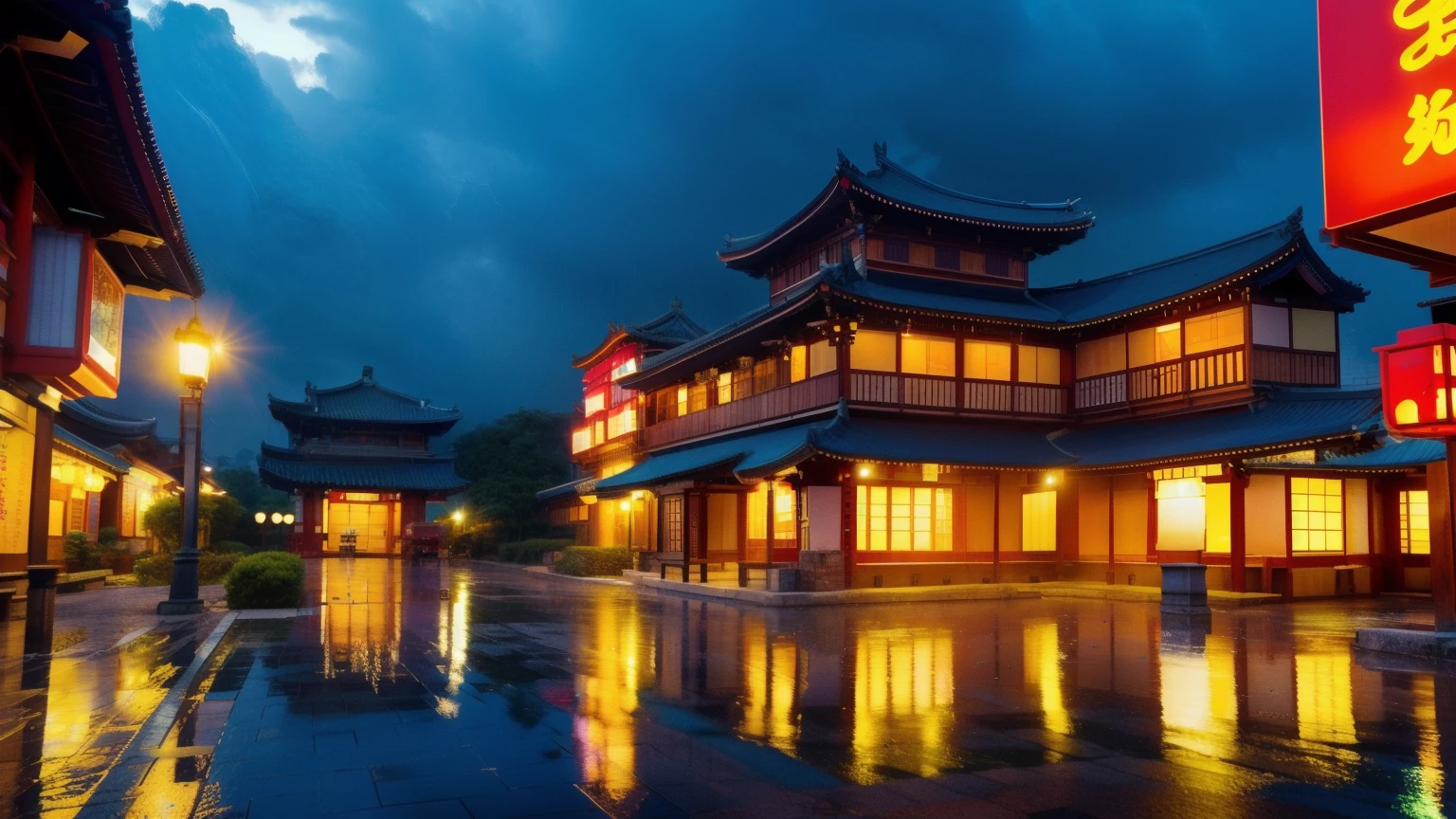 ((highest quality)), ((masterpiece)), (be familiar with), A village with a perfect face and lots of lights shining on the buildings々nice view, dreamy chinatown, chinese village, awesome wallpaper, Japanese street, japanese village, 非常にリアルな街のphotograph, old asian village, Japanese cities, Written by Raymond Han, rainy evening, cyberpunk chinese ancient castle, Beautifully lit building, in the evening in the rain, beautiful and aesthetic, photograph, cinematic, 8k, highly detailed ((heavy rain)))、