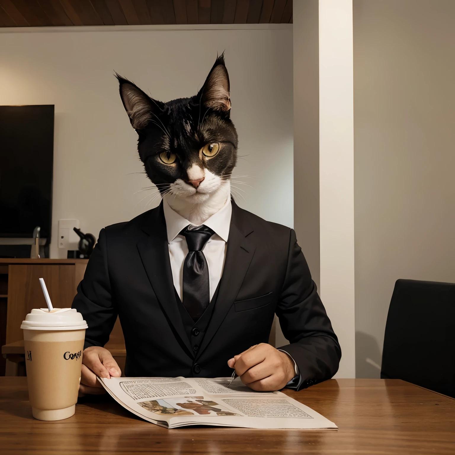 Illustration of a cat in a suit reading a newspaper and drinking coffee in a coffee