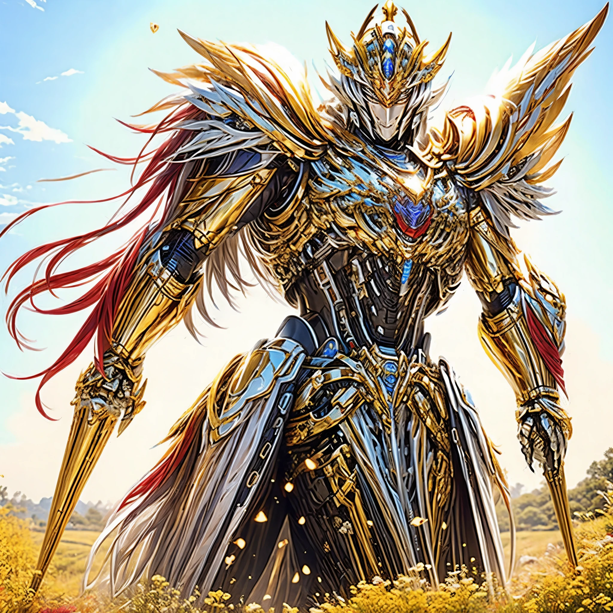 In a divine setting, a holy paladin stands strong, adorned in magnificent red and gold armor. The light-infused sword he wields emits a powerful glow, representing his unwavering devotion to justice. His armor gleams in the radiance of the (magewave:1.1) and the enchantment of (light magic:1.1). The image showcases the best quality and resolution, with details so sharp that every line and texture is visible. The colors are vibrant and eye-catching, capturing the essence of the paladin's noble aura. The lighting is meticulously crafted, emulating a professional studio setting, ensuring that every aspect of the scene is perfectly illuminated.