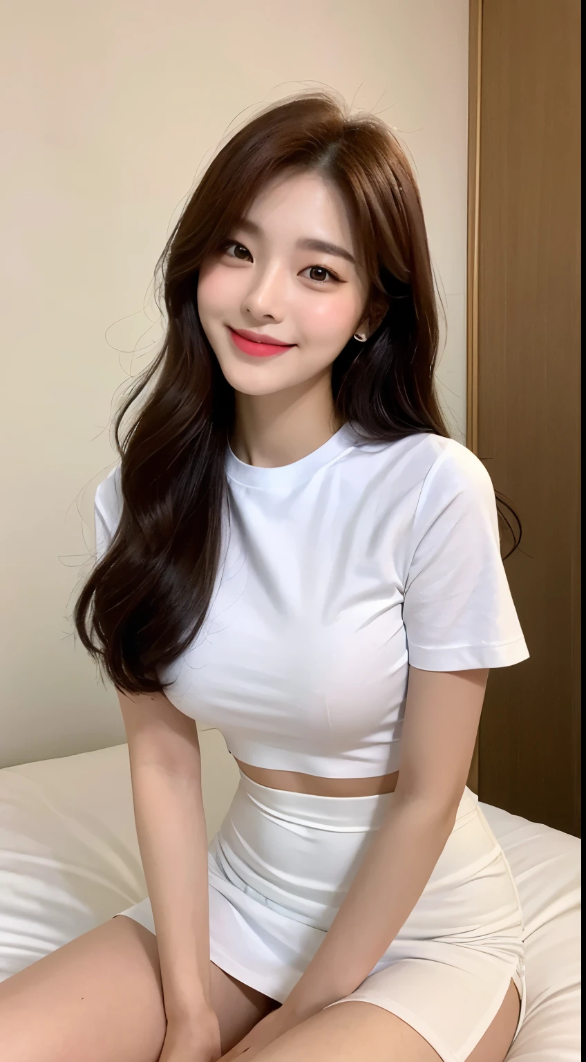 white tight shirt、white tight mini skirt、bed、smile、short sleeve、high resolution、Korean idol face
