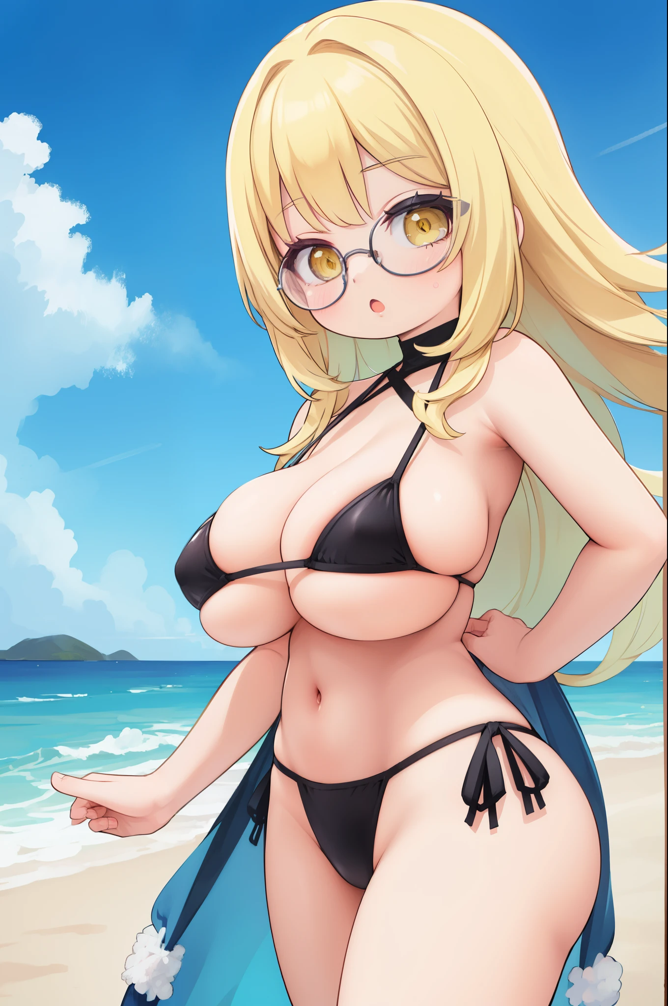 Masterpiece, best quality, cowboy shot, curvy, yellow eyes, blonde hair, long hair, tighttops, huge breasts, glasses, micro bikini, underboob, cleavage, looking at viewer, :o, beach