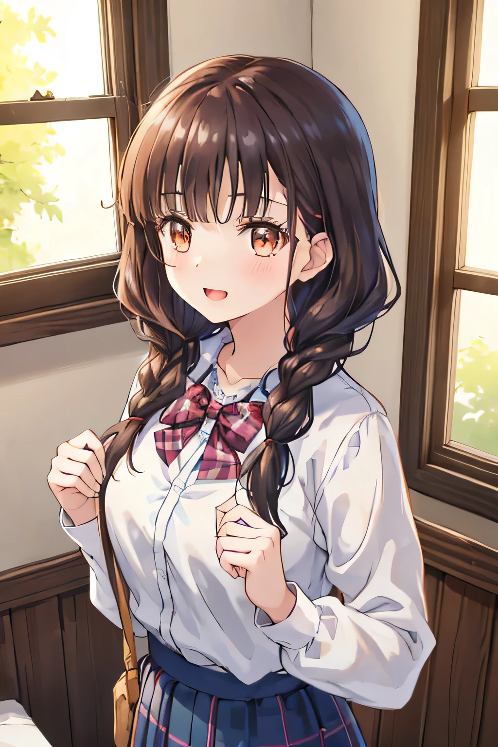 highest quality, (masterpiece:1.2), very detailed, The background is a girlish room decorated with many uniforms., 1 girl, open your mouth, nice smile, brown eyes, Long brown hair, 15 years old, long braids, big hair clip, school uniform, ((dark blue plaid skirt)), middle long skirt, white shirt, blue jacket, Golden emblem on left chest, big red ribbon on the chest, lipstick、very shiny hair、laughter、bright look、The light makes my face and hair shine, The corners of the eyes are drooping, cute braids, I&#39;m so happy I can jump up, The expression of a maiden in love