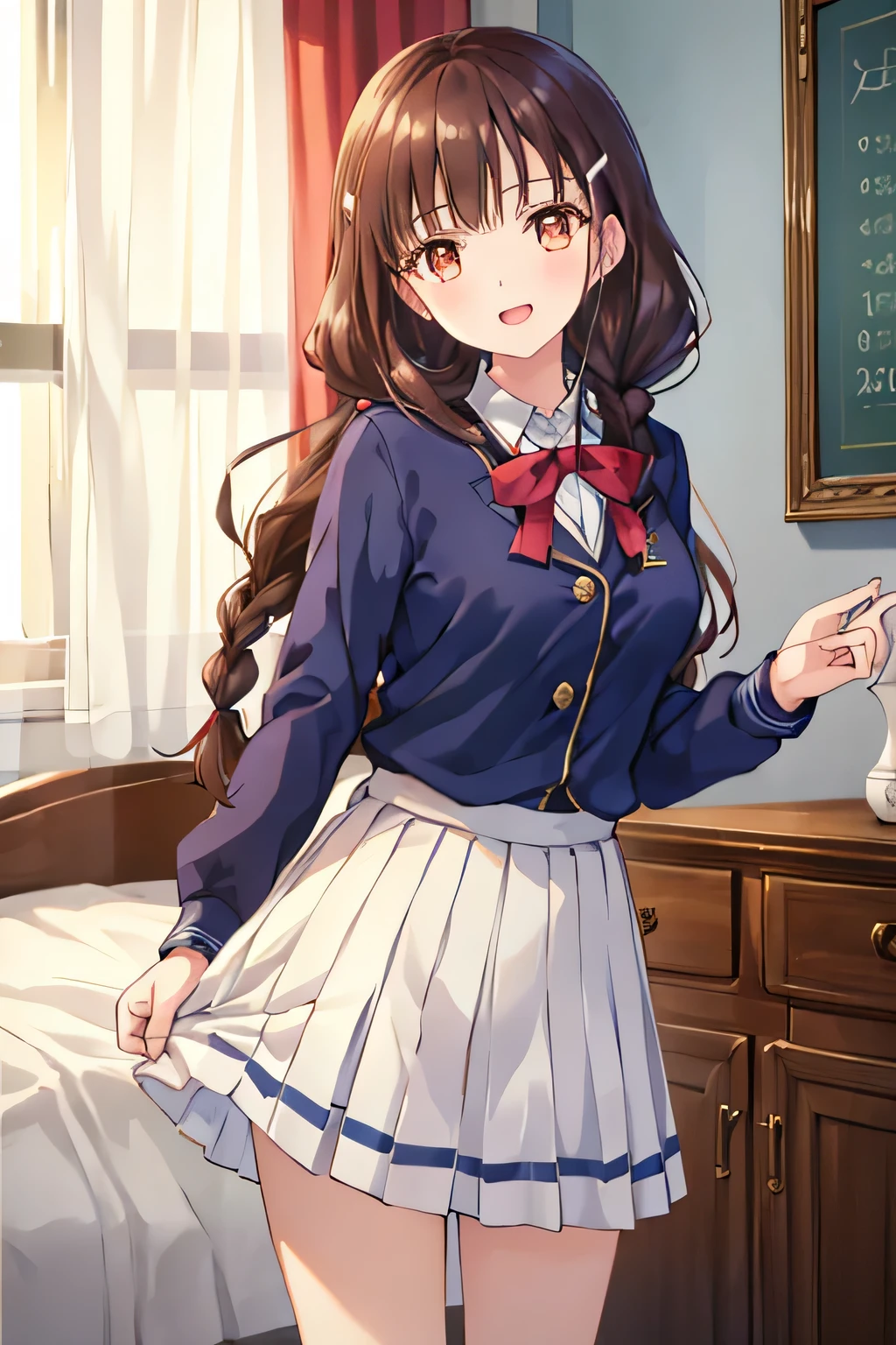 highest quality, (masterpiece:1.2), very detailed, The background is a girlish room decorated with many uniforms., 1 girl, open your mouth, nice smile, brown eyes, Long brown hair, 15 years old, long braids, big hair clip, school uniform, dark blue plaid skirt, middle long skirt, white shirt, blue jacket, Golden emblem on left chest, big red ribbon on the chest, lipstick、very shiny hair、laughter、bright look、The light makes my face and hair shine, The corners of the eyes are drooping, cute braids, I&#39;m so happy I can jump up, The expression of a maiden in love