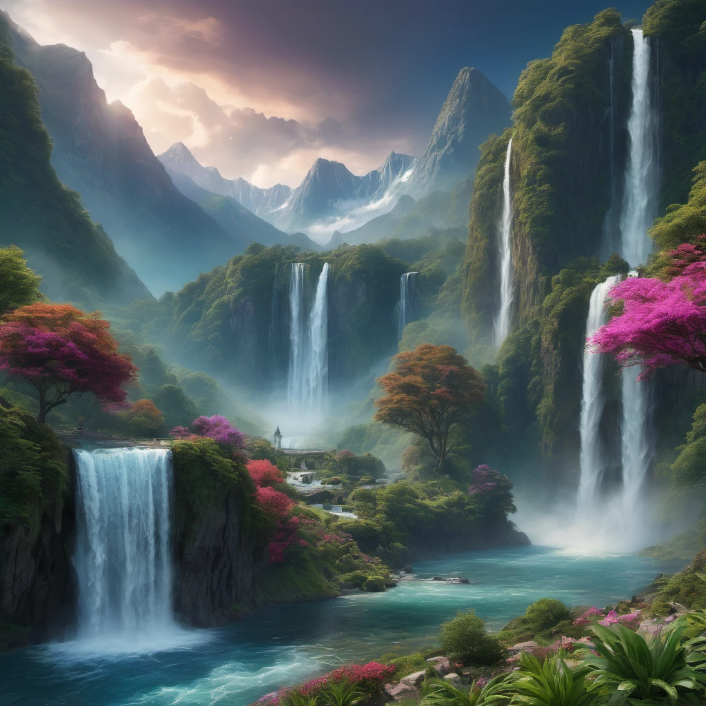 Waterfall, aesthetic, Waterfall and mountains, Epic cinematic brilliant stunning intricate meticulously detailed dramatic atmospheric maximalist digital matte painting, landscape