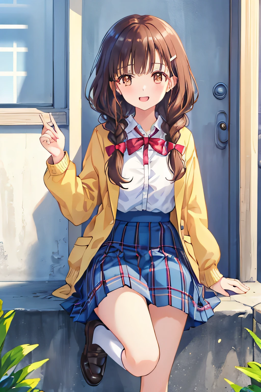 highest quality, (masterpiece:1.2), very detailed, pure white background, 1 girl, open your mouth, nice smile, brown eyes, Long brown hair, , long braids, big hair clip, school uniform, dark blue plaid skirt, middle long skirt, white shirt, blue jacket, Golden emblem on left chest, big red ribbon on the chest, lipstick、very shiny hair、laughter、bright look、The light makes my face and hair shine, The corners of the eyes are drooping, cute braids, leather shoes, I&#39;m so happy I can jump up, expression of joy