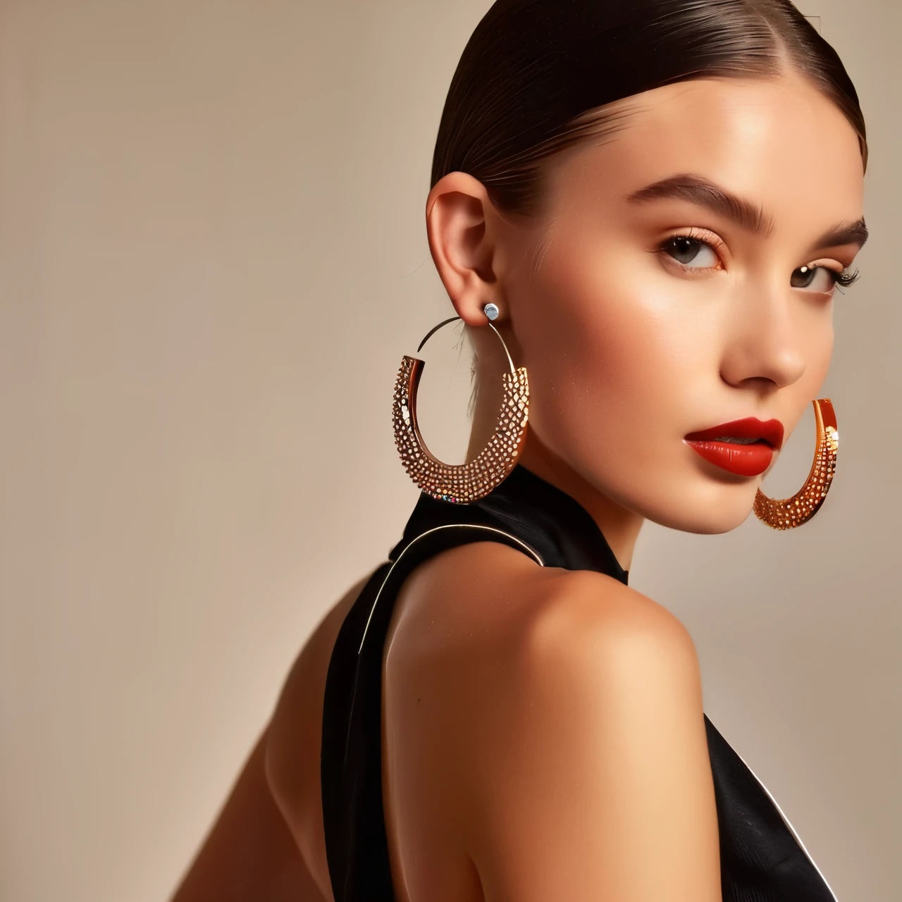 masterpiece, highest quality, alone, 1 girl, glowing skin, hoop earrings, glamorous, quirky details, slicked hair, fascinating, bare shoulders, crop top, long pants, shallow depth of field, Contrasting, Professional models, facing the front, portrait