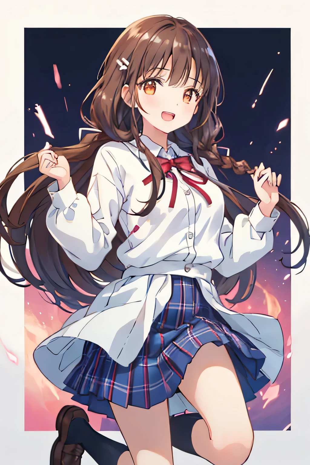 highest quality, (masterpiece:1.2), very detailed, pure white background, 1 girl, open your mouth, nice smile, brown eyes, Long brown hair, 15 years old, long braids, big hair clip, school uniform, dark blue plaid skirt, middle long skirt, white shirt, blue jacket, Golden emblem on left chest, big red ribbon on the chest, lipstick、very shiny hair、laughter、bright look、The light makes my face and hair shine, The corners of the eyes are drooping, cute braids, leather shoes, I&#39;m so happy I can jump up, expression of joy