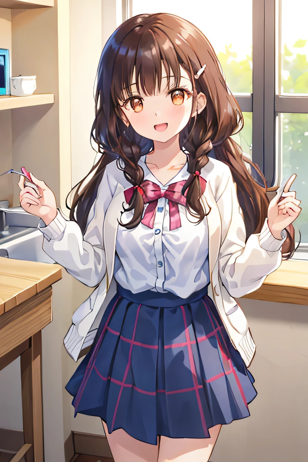 highest quality, (masterpiece:1.2), very detailed, pure white background, 1 girl, open your mouth, nice smile, brown eyes, Long brown hair, 15 years old, long braids, big hair clip, school uniform, dark blue plaid skirt, middle long skirt, white shirt, blue jacket, Golden emblem on left chest, big red ribbon on the chest, lipstick、very shiny hair、laughter、bright look、The light makes my face and hair shine, The corners of the eyes are drooping, cute braids, leather shoes, I&#39;m so happy I can jump up, expression of joy