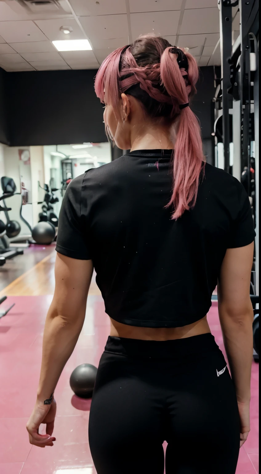 strong woman with pink hair with her hair tied up, with a black shirt and wide black pants facing away from her in the gym