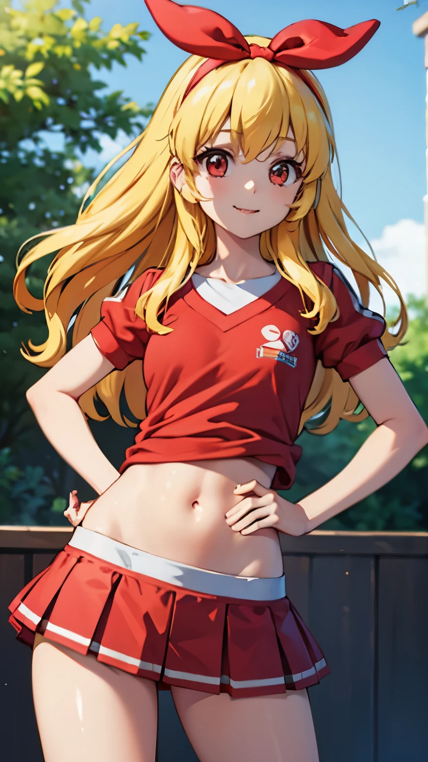 anime cg, highresolution, cute , smile, trainingroom, (RED Ribbon on HAIRband:1.2),Blonde hair, rainbow gradient sports wear, rainbow gradient highleg gymwear, hand on hip