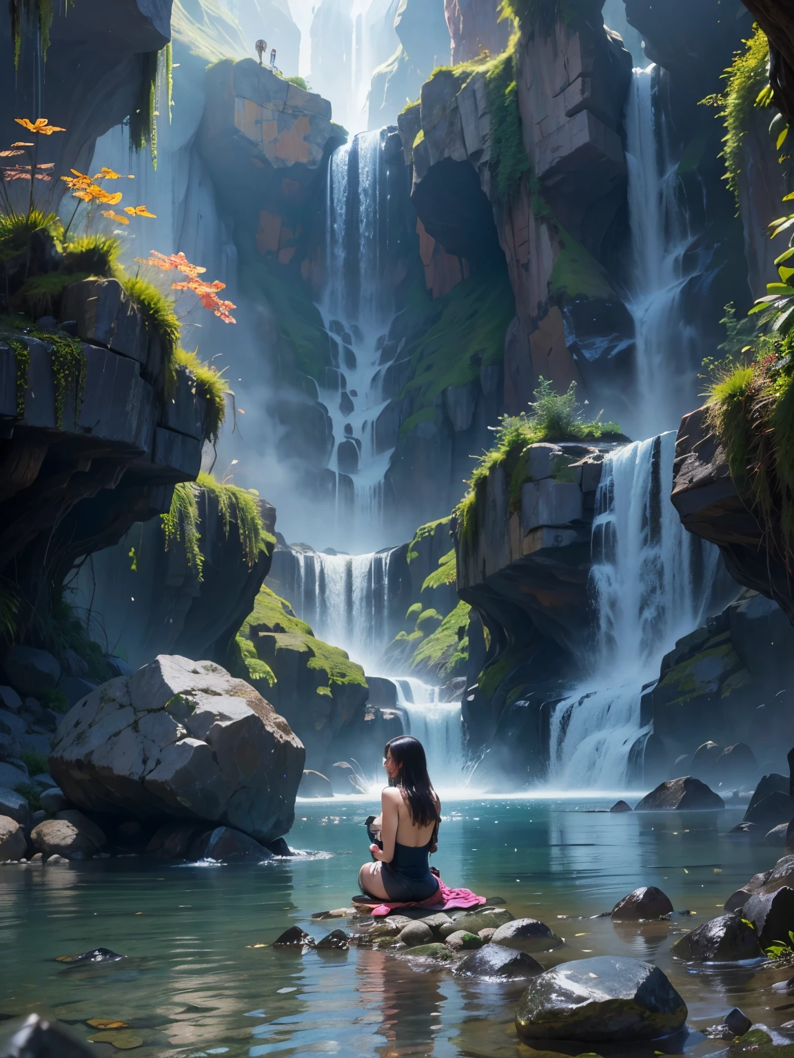 great and high waterfall, tropical trees, green trees, immersive background, cascading, hidden waterfall, beautiful and mysterious woman, she sits under a waterfall near the rocks, the falling water hits her body forcefully, wet hair, wet clothes, she is back to viewer, she is looking back, wet hair on back, fantastic, beutiful  photography, hdr, raw photo