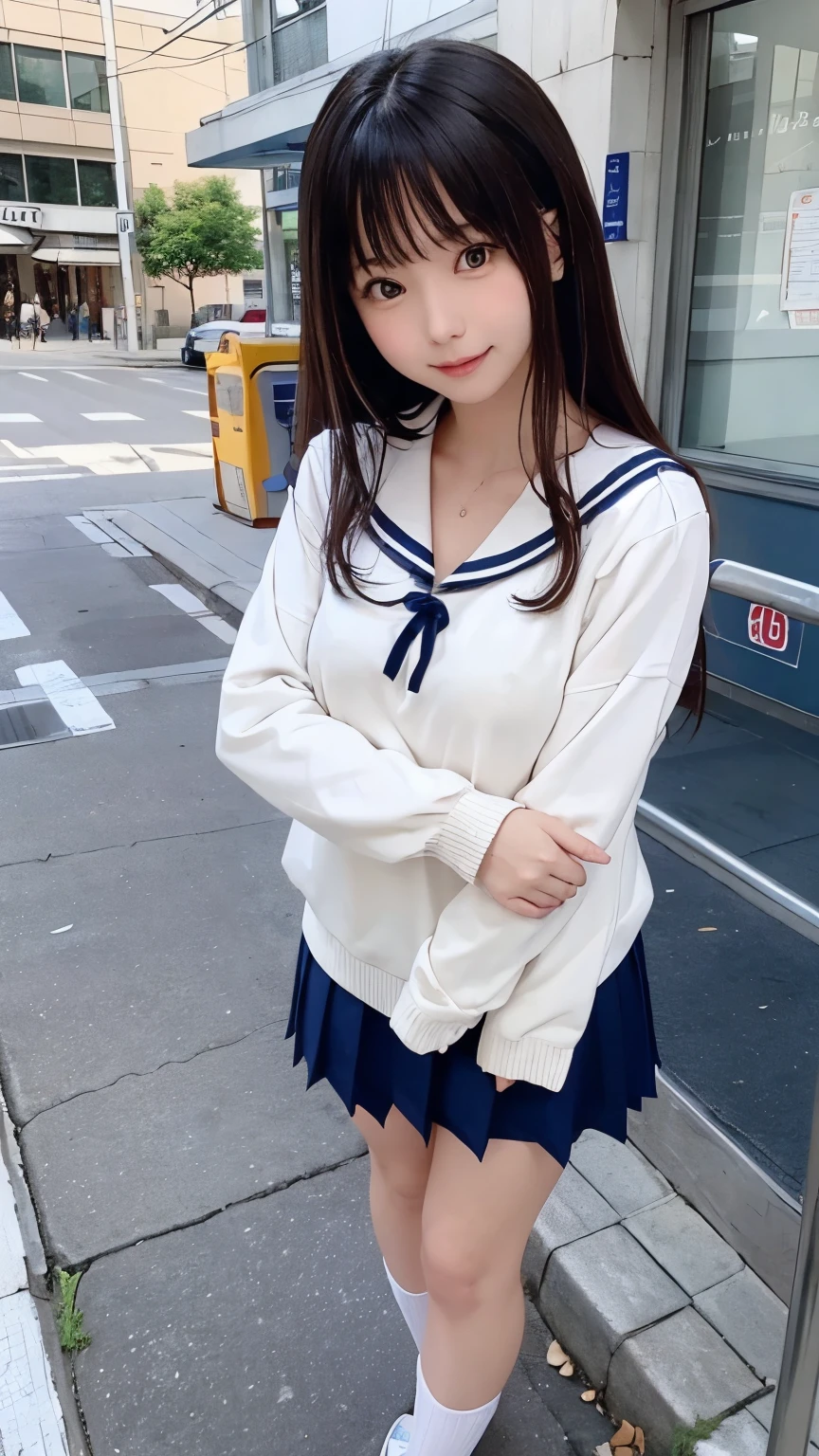 Magazine Cover:1.3、Incredibly cute girl,Super cute 16 year old girl、White skin、(Wearing a sailor suit)、 Professional Lighting、Tokyo Street,night, Streetscape,City lights,Upper Body,close,smile,, (8k, RAW Photos, Highest quality, masterpiece:1.2),(Realistic, photo-Realistic:1.37),Please lift your skirt、I can see your pants、