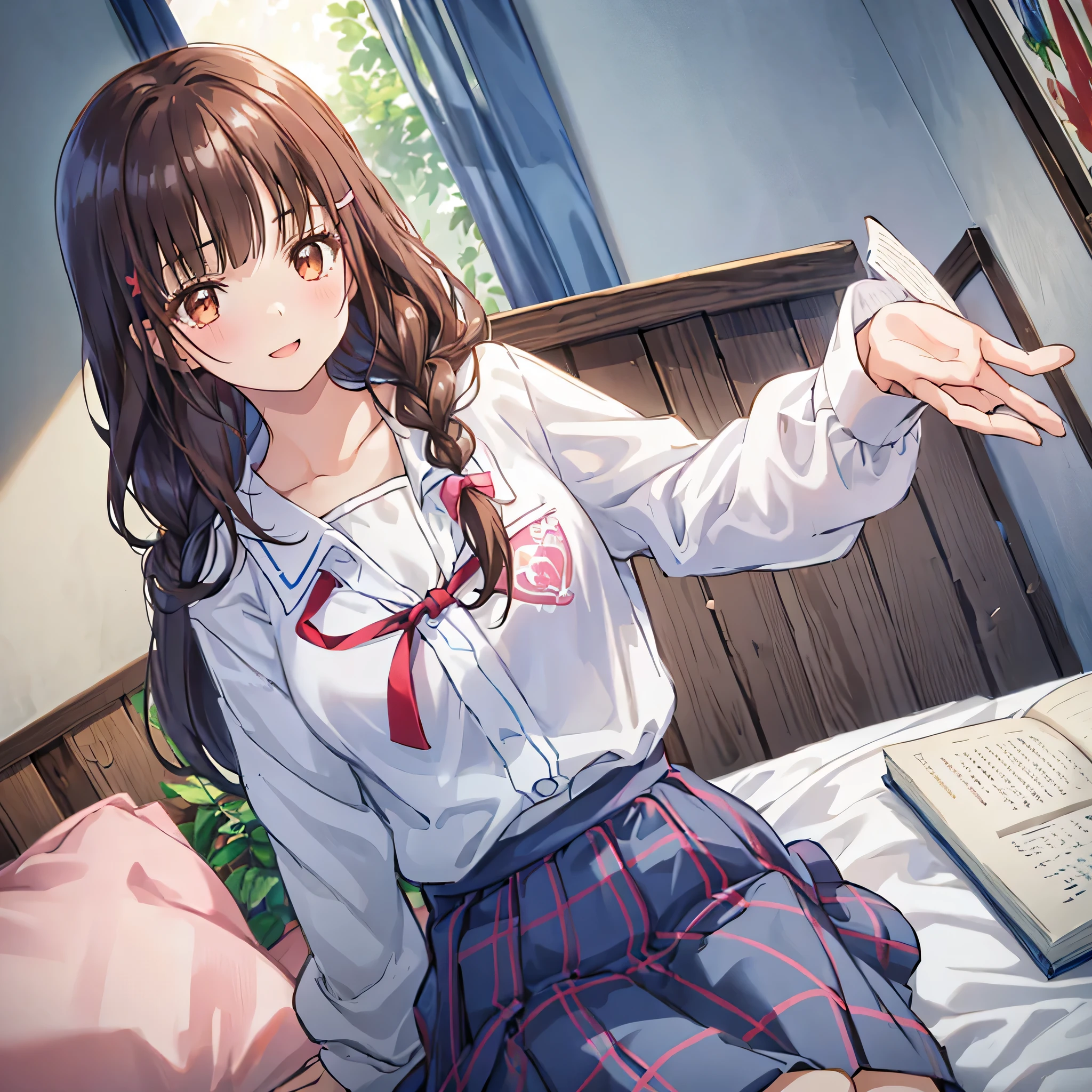 highest quality, (masterpiece:1.2), very detailed, The background is a girlish room decorated with many uniforms., 1 girl, open your mouth, nice smile, brown eyes, Long brown hair, , long braids, big hair clip, school uniform, ((dark blue plaid skirt)), middle long skirt, white shirt, blue jacket, Golden emblem on left chest, big red ribbon on the chest, lipstick、very shiny hair、laughter、bright look、The light makes my face and hair shine, The corners of the eyes are drooping, cute braids, I&#39;m so happy I can jump up, The expression of a maiden in love