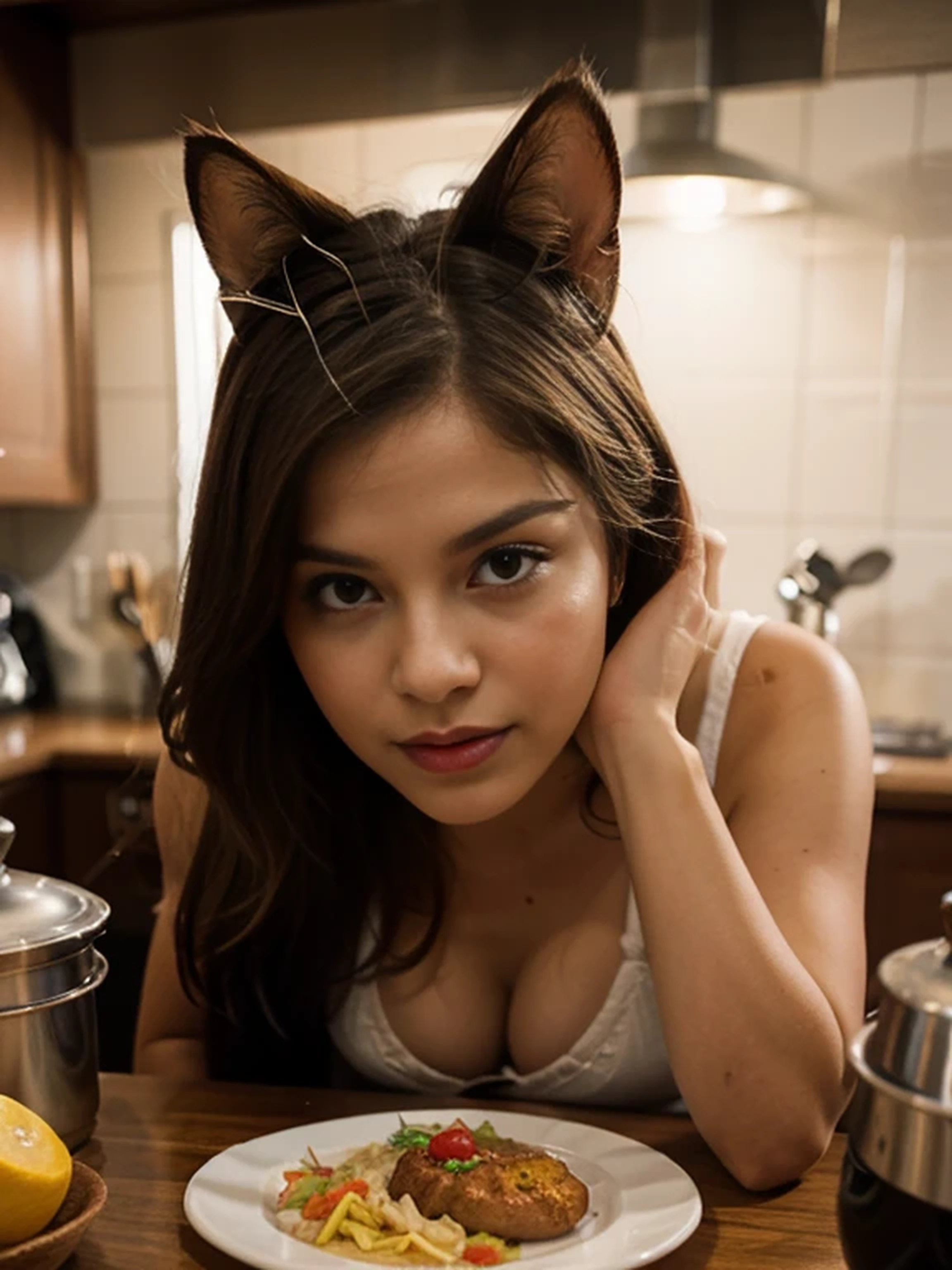 Close up Olei tabby cat preparing food on table:1.2), (c4ttitude:1.3), In Glasstech Kitchen, Hyperrealistic intricate detail, (Ambiguous:1.1), Baisho's Perspective