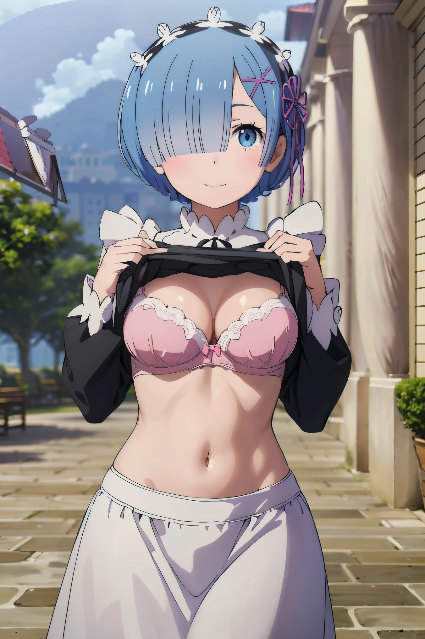 (((Pixel perfect, Perfect details))), alone, 1 girl,  Rem, Roswaal mansion maid uniform, Maid tiara, looking at the audience, Smile，(((She lifted her shirt, Reveal under her bra))).