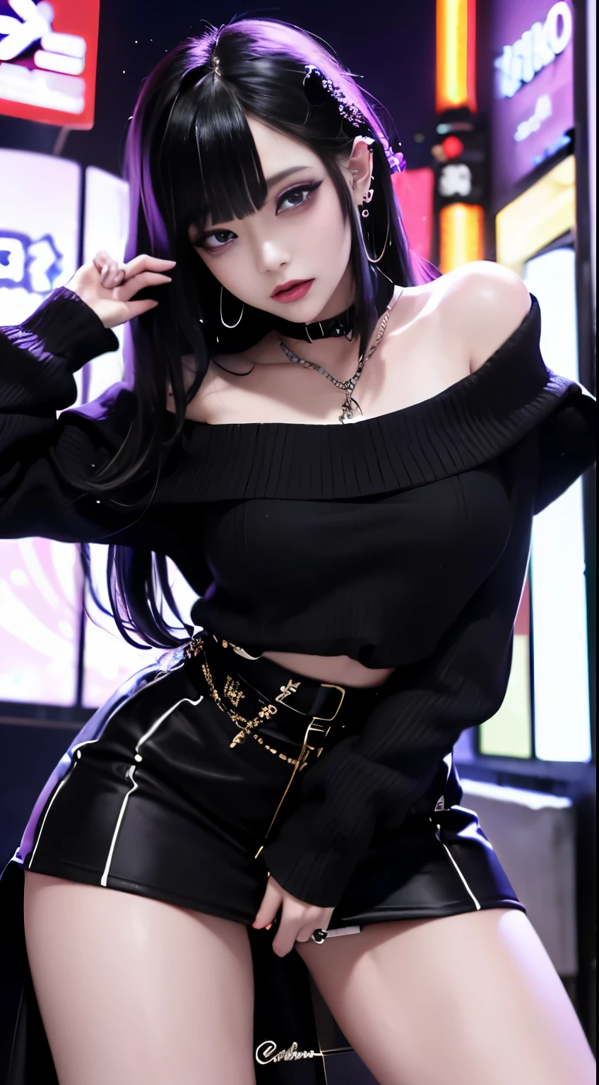 4k-ultra sharp、highest quality, masterpiece, ultra high resolution, (reality: 1.4),  1 girl, purple eyes, Off-the-shoulder sweater dresses, cinematic lighting、purple and black hair、(mine girl、mine makeup)、(Pierced ears、big breasts、Oversized black T-shirt with open shoulders、dark mini skirt)、((dark makeup、oil skin,sparkling skin、realistic skin texture、detailed beautiful skin、shiny skin)), dark downtown area at night、kabukicho、Dark Cyberpunk、(full shot:1.8)