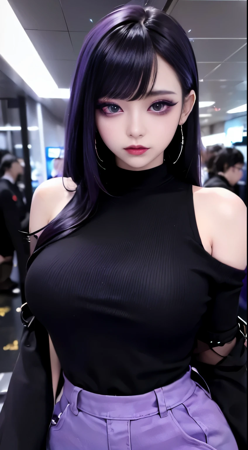 4k-ultra sharp、highest quality, masterpiece, ultra high resolution, (reality: 1.4),  1 girl, purple eyes, Off-the-shoulder sweater dresses, cinematic lighting、purple and black hair、(mine girl、mine makeup)、(Pierced ears、big breasts、Oversized black T-shirt with open shoulders、dark mini skirt)、((dark makeup、oil skin,sparkling skin、realistic skin texture、detailed beautiful skin、shiny skin)), dark downtown area at night、kabukicho、Dark Cyberpunk、(full shot:1.8)