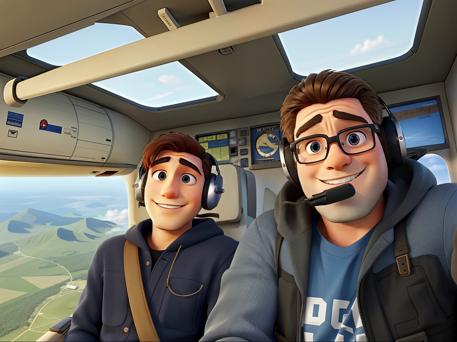 Two men inside a plane flying