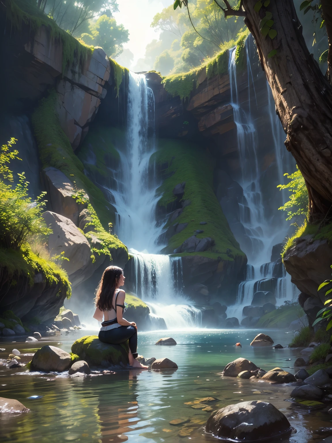 great and high waterfall, tropical trees, green trees, immersive background, cascading, hidden waterfall, beautiful and mysterious woman, she sits under a waterfall near the rocks, the falling water hits her body forcefully, wet hair, wet clothes, she is back to viewer, she is looking back, wet hair on back, fantastic, beutiful photography, hdr, raw photo