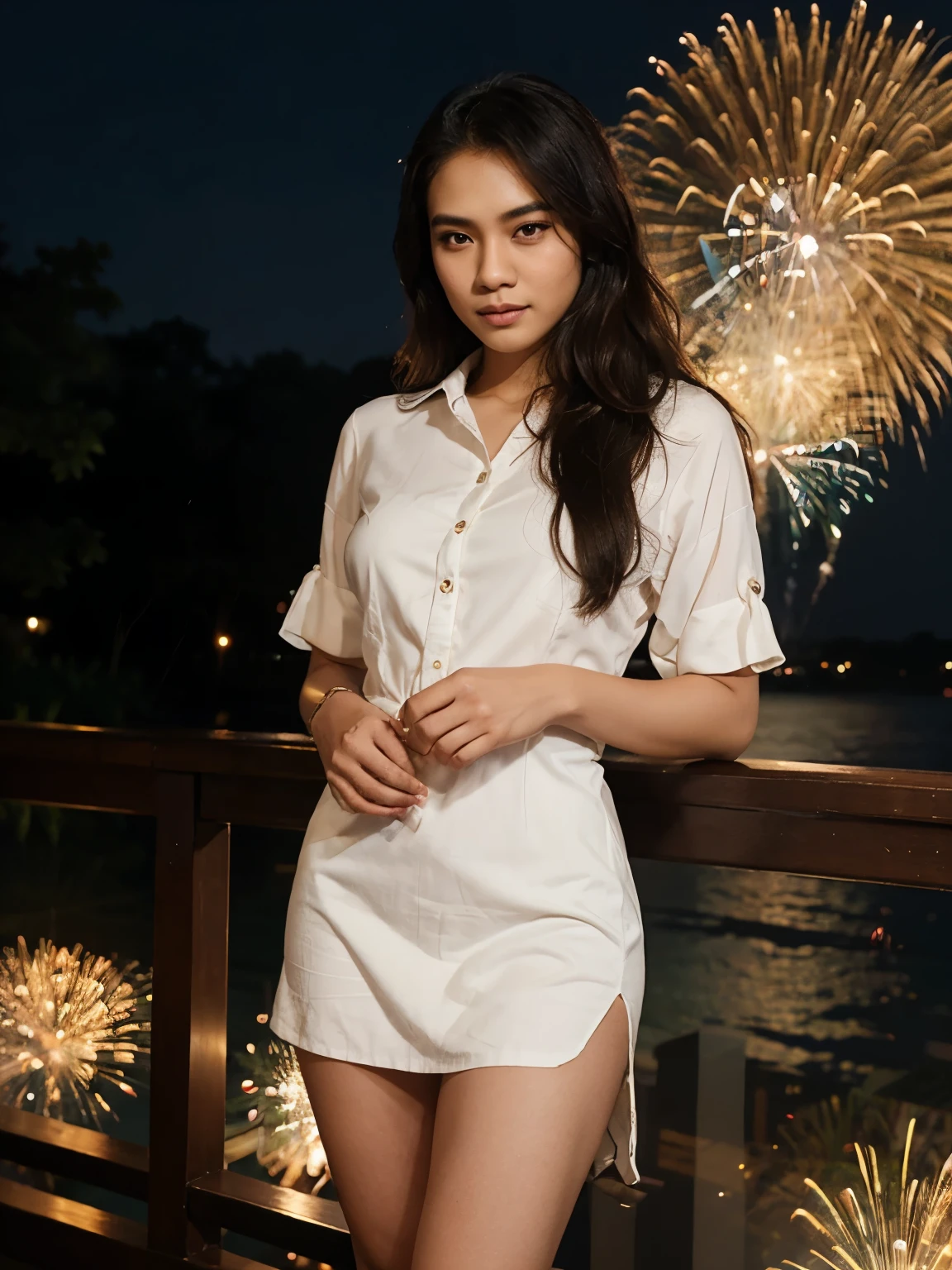 a handsome young Indonesian man with middle-parted hair, a shirt and jeans. was taking a photo together with a beautiful young Indonesian woman with long wavy hair dressed in an elegant mini dress. on a fireworks night