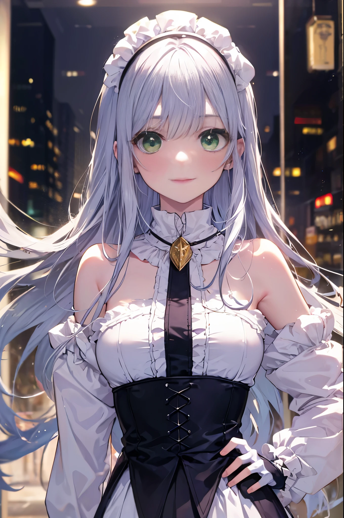 index, index, (green eyes:1.5), silver hair, long hair, (flat chest:1.2),smile,blush,bossy,she was wearing a maid long skirt, white stockings on her legs, and lace gloves,put both hands on hips,Standing in honor,bare shoulders,looking up from below,There's a lot of food on the table, break looking at viewer, Upper body, whole body, break indoors, restaurant,viking, break (masterpiece:1.2), highest quality, High resolution, unity 8k wallpaper, (figure:0.8), (detailed and beautiful eyes:1.6), highly detailed face, perfect lighting, Very detailed CG, (perfect hands, perfect anatomy),