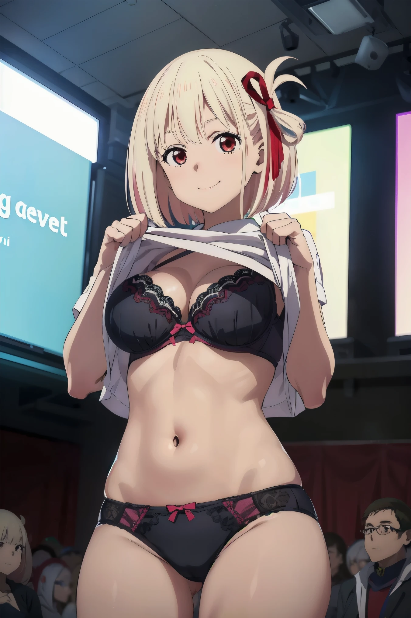 (((Pixel perfect, Perfect details))), alone, 1 girl, Chisato Nishiki,  looking at the audience, Smile, (((She lifted her shirt, Reveal under her bra))).