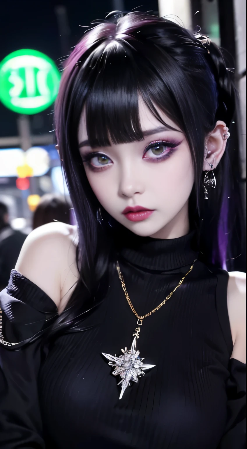 4k-ultra sharp、highest quality, masterpiece, ultra high resolution, (reality: 1.4), 1 girl, purple eyes, Off-the-shoulder sweater dresses, cinematic lighting、purple and black hair、(mine girl、goth makeup、mine makeup)、(Pierced ears、big breasts、Oversized black T-shirt with open shoulders、dark mini skirt)、((dark makeup、oil skin,sparkling skin、realistic skin texture、detailed beautiful skin、shiny skin)), dark downtown area at night、kabukicho、Dark Cyberpunk、(full shot:1.8)