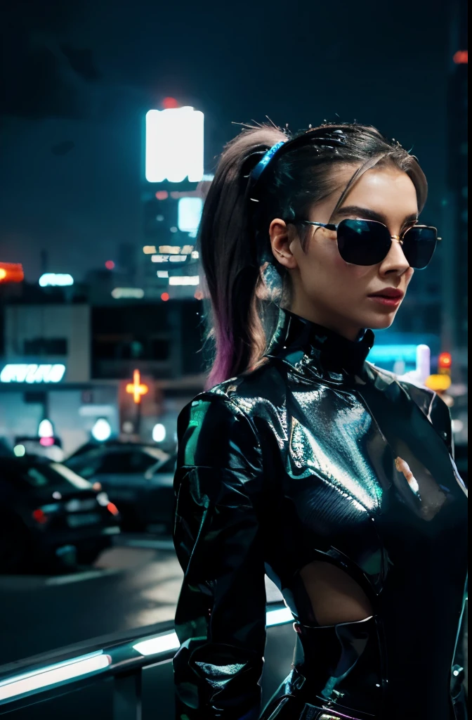A sleek, futuristic city skyline with neon lights and hovering vehicles.
Style: Form-fitting jumpsuit with metallic accents and sleek lines, accessorized with futuristic sunglasses and holographic jewelry. Hair styled in a slicked-back ponytail with neon highlights.