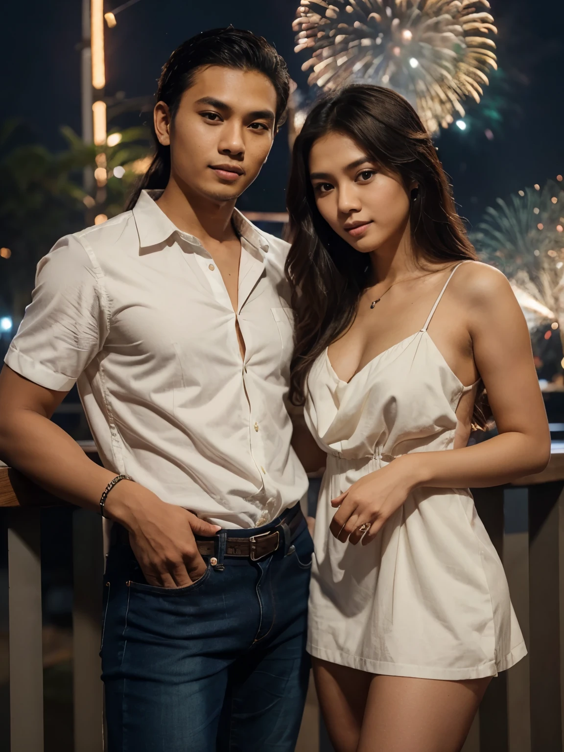 a handsome young Indonesian man with middle-parted hair, a shirt and jeans. took a photo together with a beautiful young Indonesian woman with long wavy hair dressed in an elegant dress. on a fireworks night