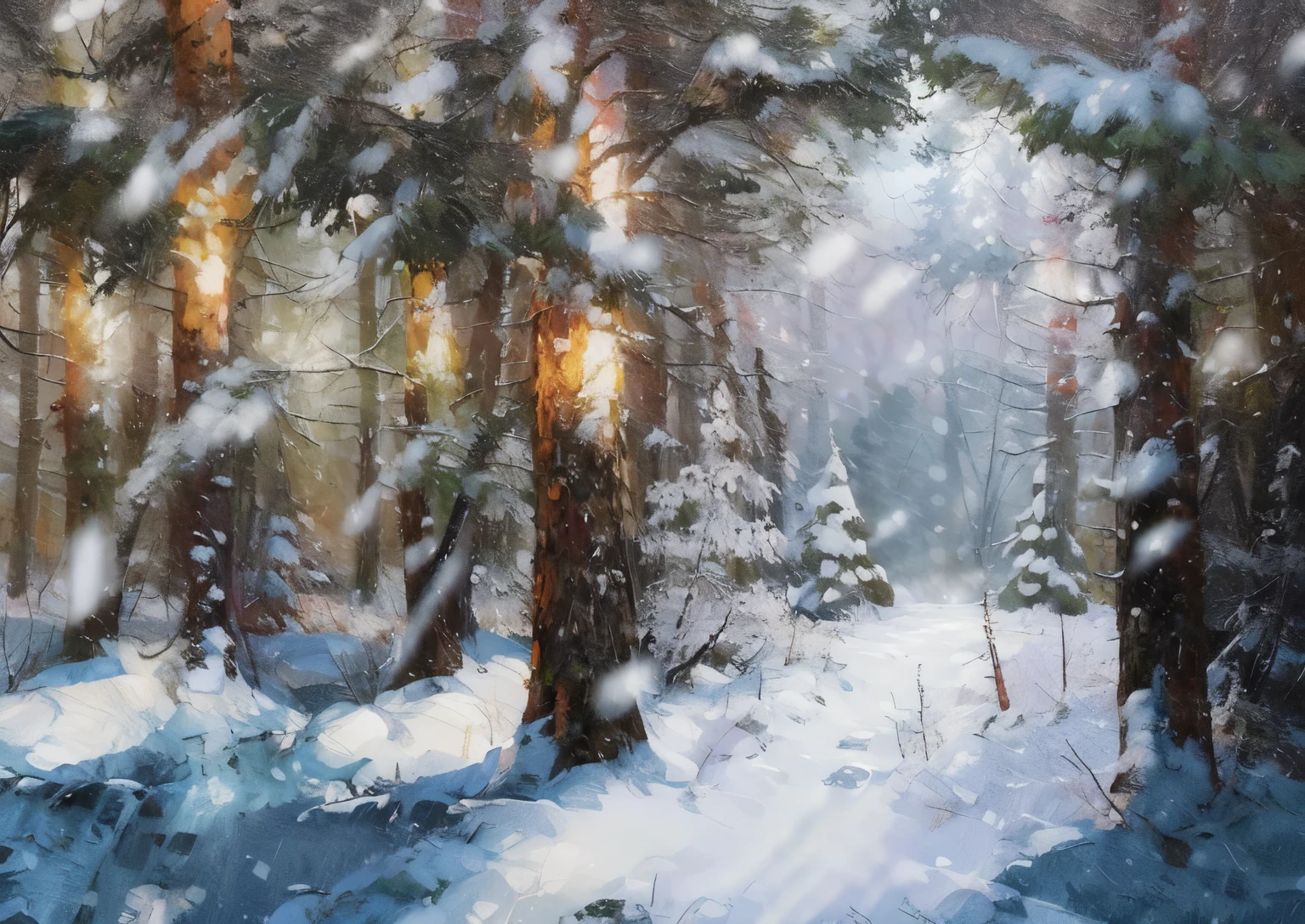 painting of a Snowy Forest with a path through the trees, Snow in the forest, blizzard, Snowy Forest, Snowy day in the forest, winter forest, Snowy Forest, winter picture, in a Snowy Forest setting, lush winter forest landscape, Highly detailed digital painting, beautiful digital painting, very detailed digital painting, Snowy environment, detailed painting 4k