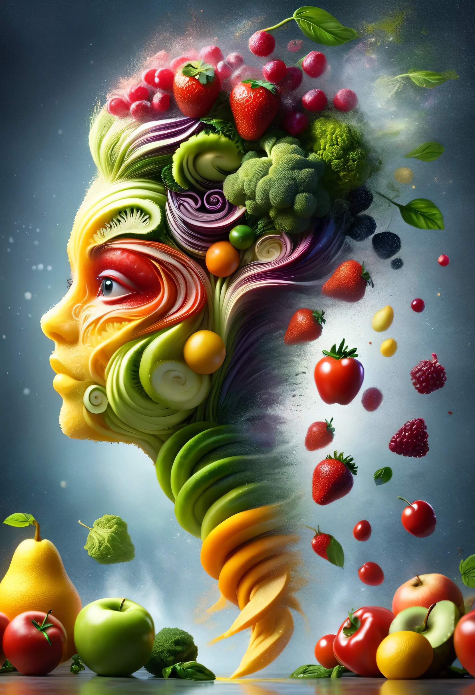 (Illusion d&#39;optique:1.4), une fille faite de fruits et légumes, art conceptuel, (best quality, chef-d&#39;artwork, Representative work, art officiel, professionnel, 8K)