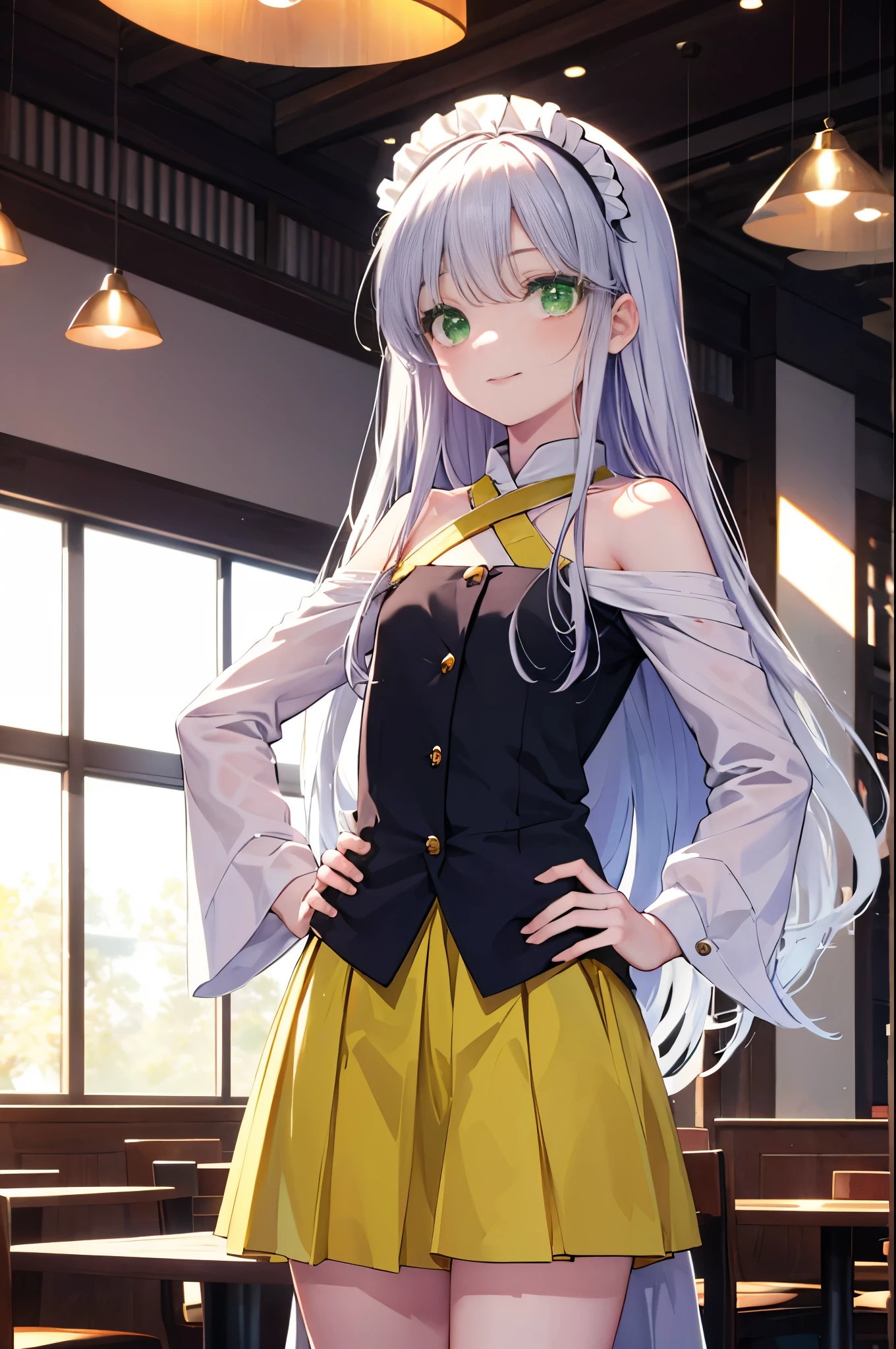 index, index, (green eyes:1.5), silver hair, long hair, (flat chest:1.2),smile,blush,bossy,she was wearing a maid long skirt, white stockings on her legs,put both hands on hips,Standing in honor,bare shoulders,looking up from below,There's a lot of food on the table, break looking at viewer, Upper body, whole body, break indoors, restaurant,viking, break (masterpiece:1.2), highest quality, High resolution, unity 8k wallpaper, (figure:0.8), (detailed and beautiful eyes:1.6), highly detailed face, perfect lighting, Very detailed CG, (perfect hands, perfect anatomy),