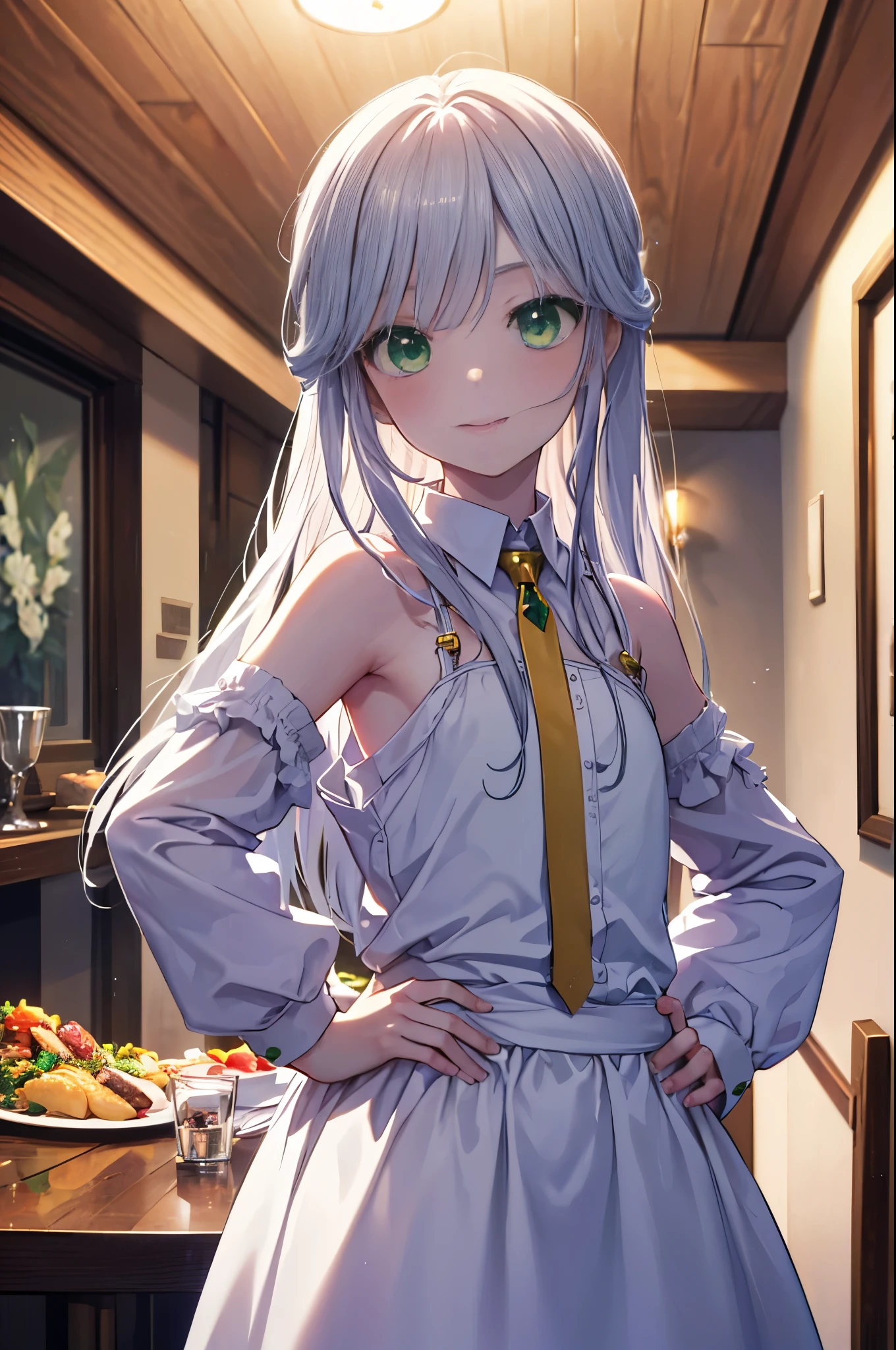 index, index, (green eyes:1.5), silver hair, long hair, (flat chest:1.2),smile,blush,bossy,she was wearing a maid long skirt, white stockings on her legs,put both hands on hips,Standing in honor,bare shoulders,looking up from below,There's a lot of food on the table, break looking at viewer, Upper body, whole body, break indoors, restaurant,viking, break (masterpiece:1.2), highest quality, High resolution, unity 8k wallpaper, (figure:0.8), (detailed and beautiful eyes:1.6), highly detailed face, perfect lighting, Very detailed CG, (perfect hands, perfect anatomy),
