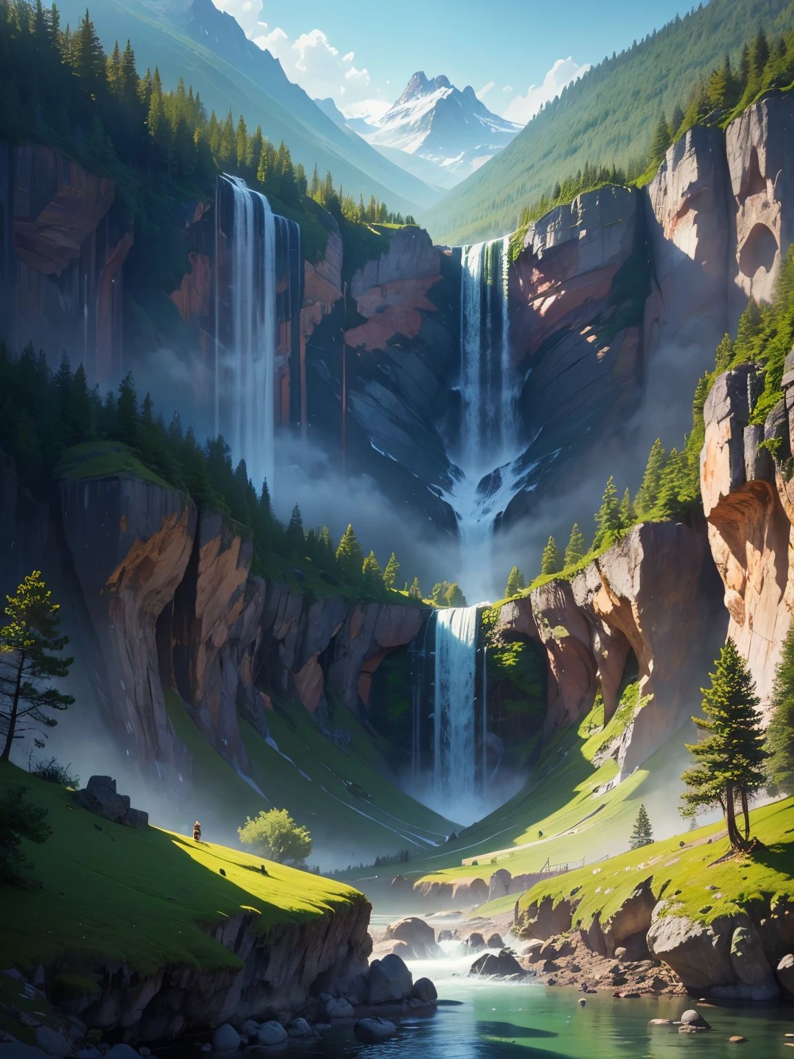 great and high waterfall, beautiful mountainous area, trees, green trees, immersive background, cascading, hidden waterfall, mysterious, fantastic, beutiful landscape photography, hdr, raw photo