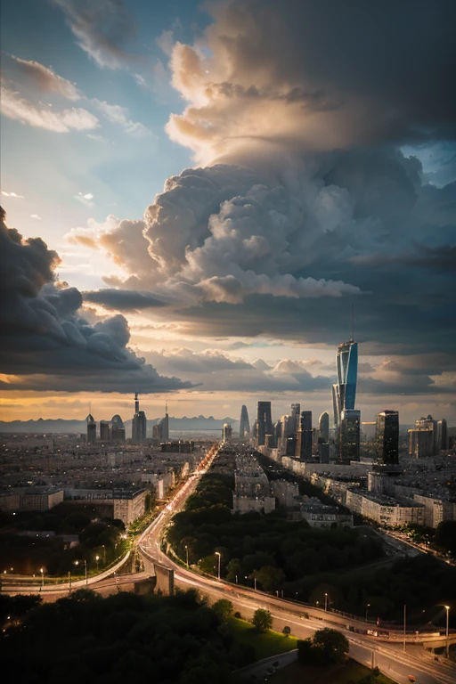 Create an image of a futuristic city floating in the sky, with buildings and roads suspended in the air by cables and pillars. La ville doit être lumineuse et colorée, avec des lumières et des éclairages qui mettent en valeur l'architecture futuriste. La perspective doit être prise depuis le sol, montrant la ville dans toute sa splendeur. La résolution de l'image doit être de 2500 x 1667 pixels au moins.