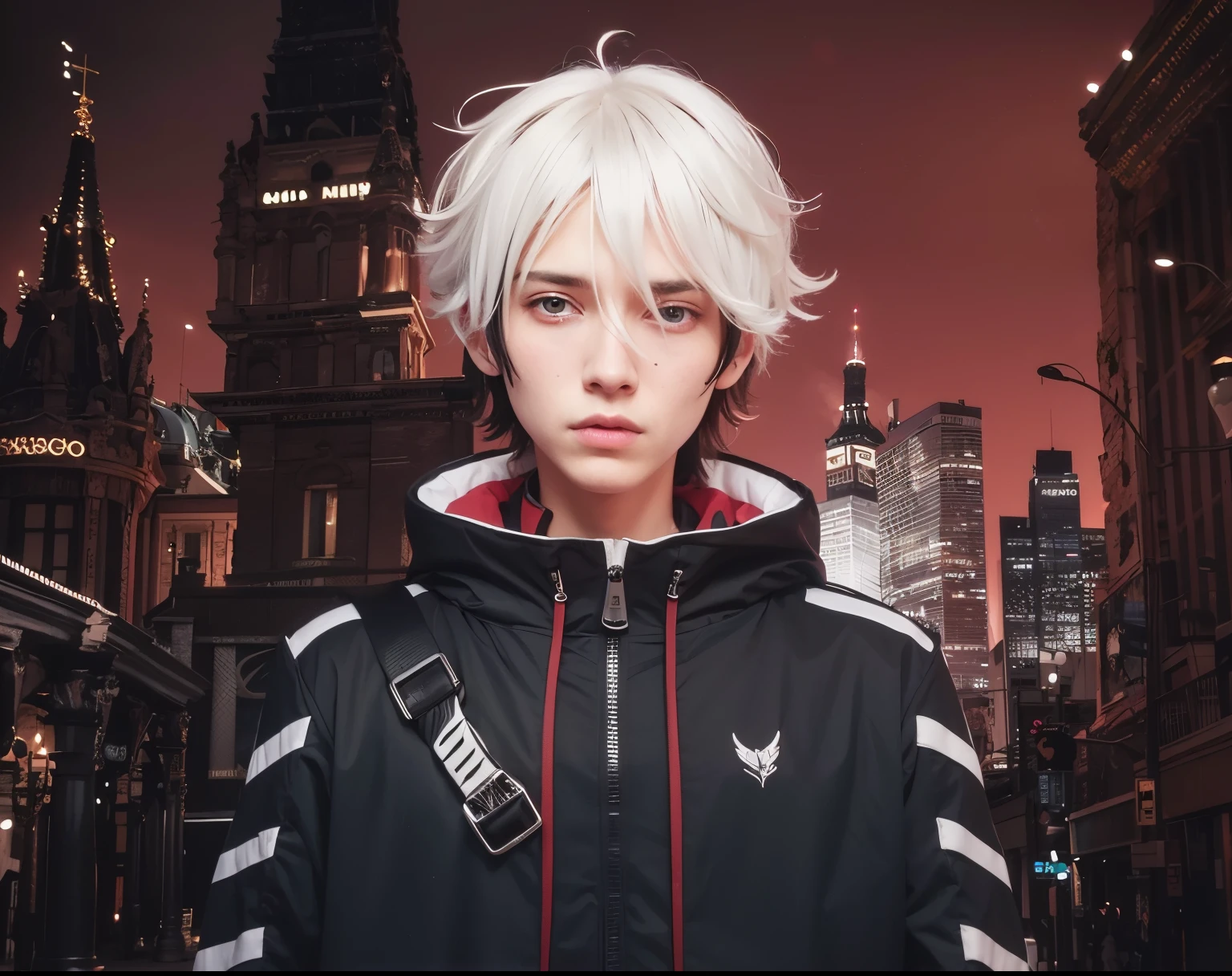 rosto masculino, 1 homem, rosto dos homens, homem adulto, Bonito, cabelo curto spike,cabelo BRANCO com mechas pretas, Serious, white hair on top and black on bottom,olhos vermelhos, red contact lenses in eyes, brinco azul na orelha esquerda, left arm covered in bandages, jaqueta tech wear Preto com detalhes brancos e vermelhos, backpack strap on chest, Red gloves on hands, Realista, mais detalhes, Antecedentes ciberpunk, mola 70 mm