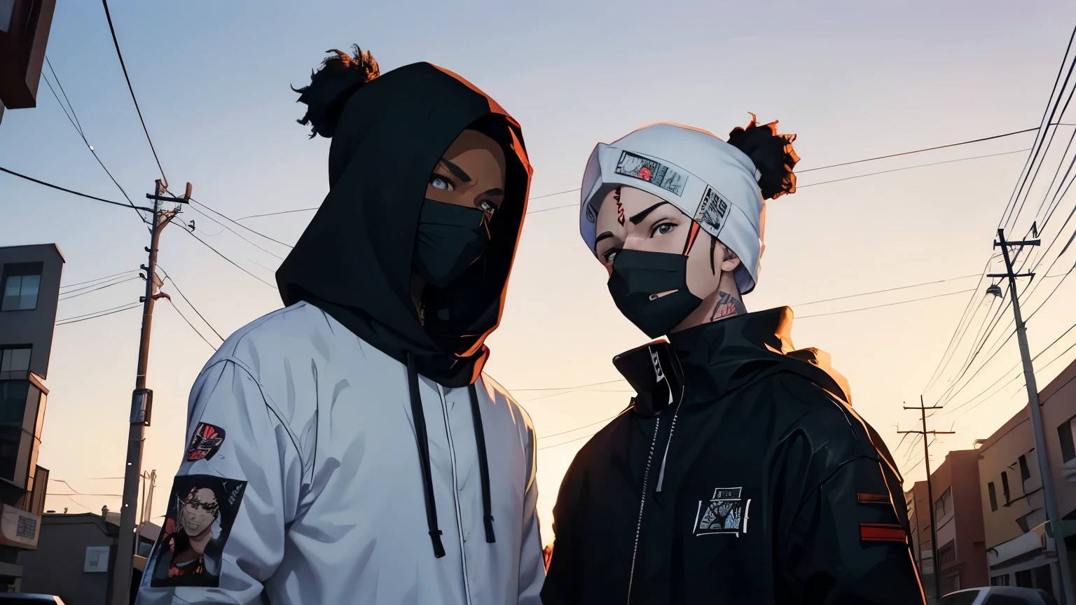 The Boondocks type art, two white gansters, tattoed, katana, street wear, ski mask on face, skin is white